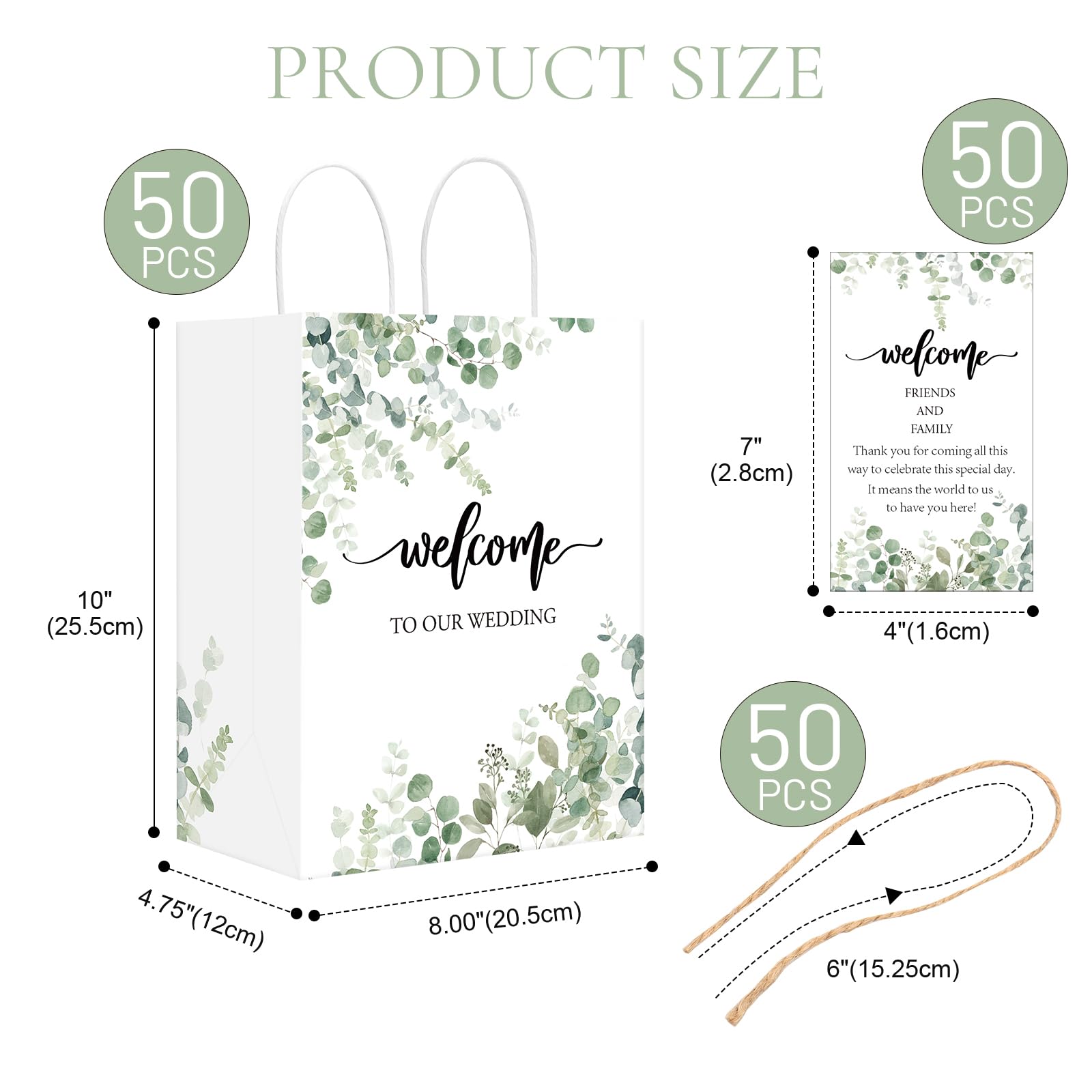 QIELSER 50 szt. torebek powitalnych dla gości weselnych luzem z metkami Witamy w naszych torebkach na prezenty ślubne z uchwytami na przyjęcie urodzinowe baby shower upominki materiały
