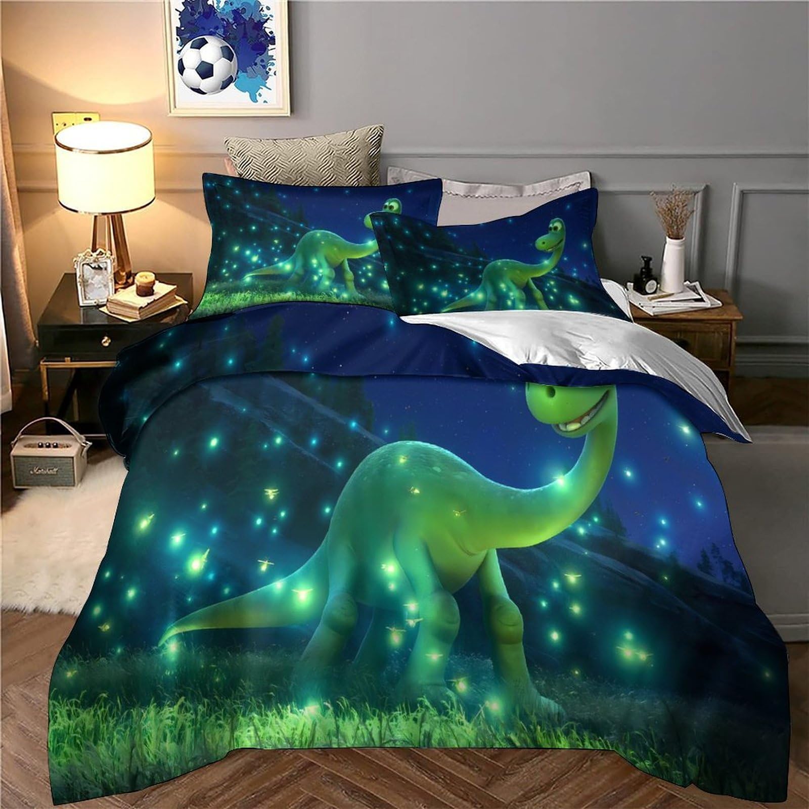 Scena notturna dei dinosauri Impressione 3D 3 pz coperteletto Film d'animazione per famiglie cover piumone microfibra ipoallergenica zip per ragazzi adolescenti donne King（220x240cm）