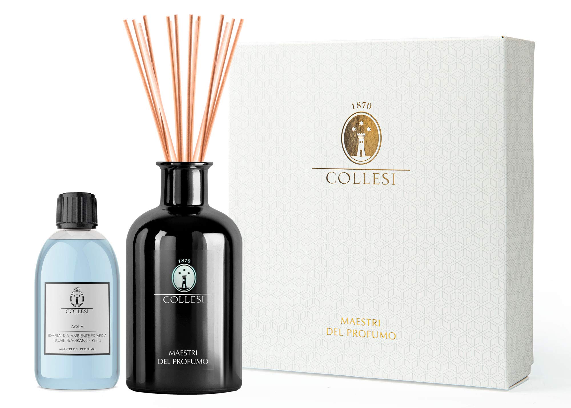 Diffusore Profumo Ambiente Collesi - Kit Con Oli Essenziali Al Miele E Zucchero, Vetro Metallizzato Oro 500 Ml, Made In Italy