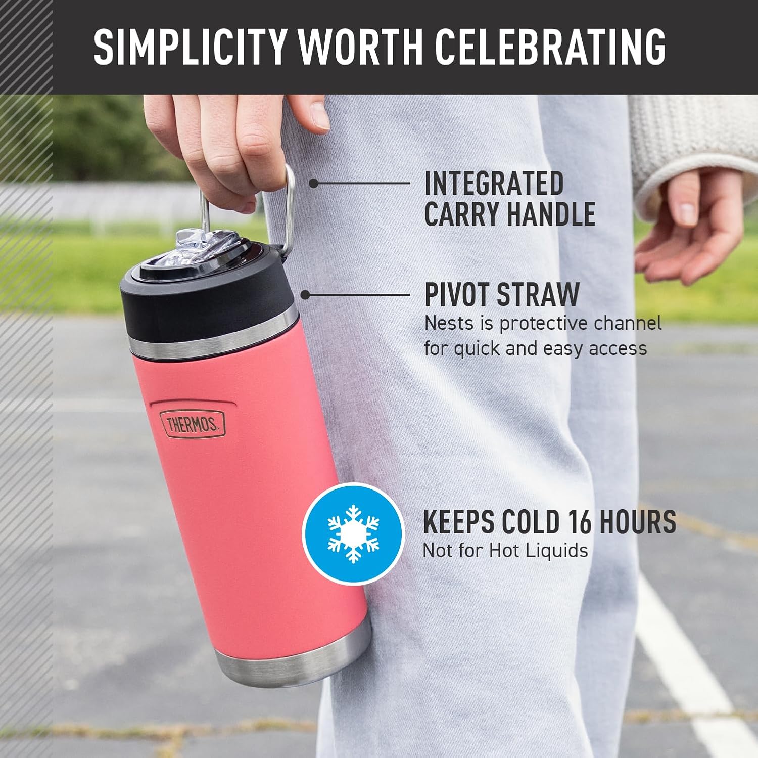 THERMOS ICON SERIES, Insulated Water Bottle with Straw Lid - 18 Ounce, Hot Pink - Stainless Steel Vacuum Insulated Water Bottle with Straw Lid - Image 3