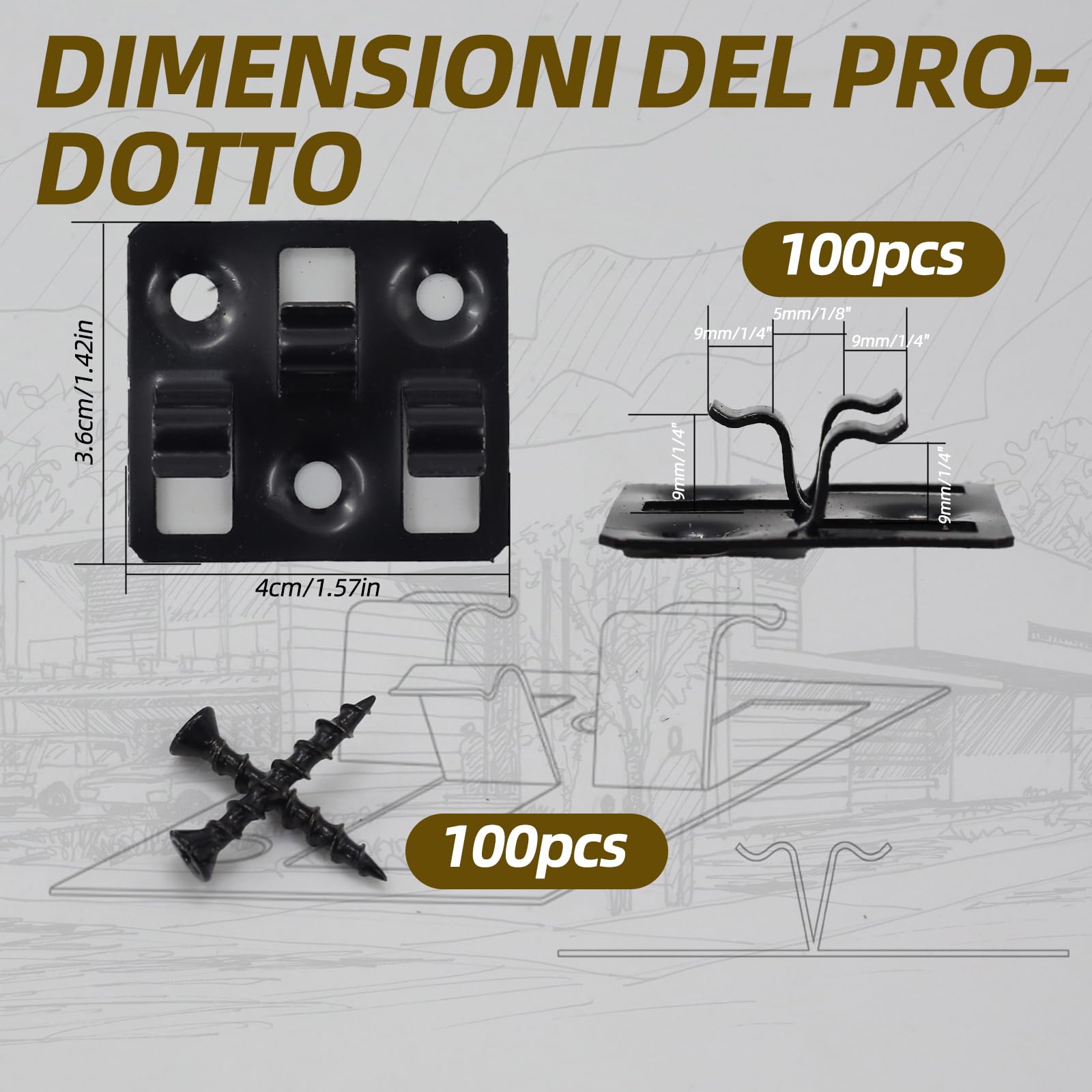 Clip per pavimento WPC, fissaggi nascosti in acciaio inox, adatti per piastrelle di pavimento WPC e BPC, fissaggi da pavimento facili da montare (100 clip, 100 viti, nero) (distanziamento 5mm altezza