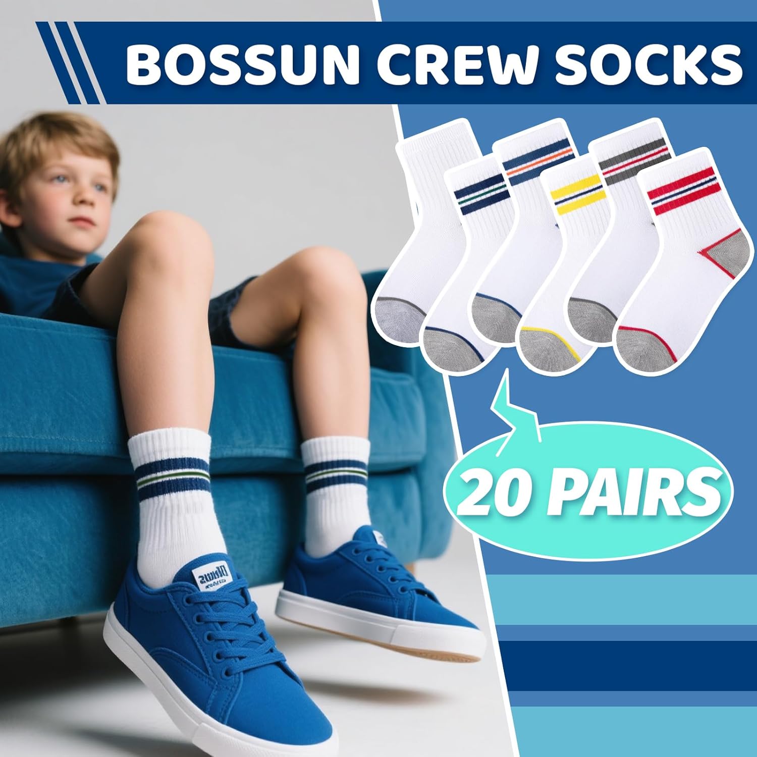 20 Pairs Boys Crew Socks, Black Socks for Kids, Multipack for Athletic School, 4-12 Years Old - Image 5