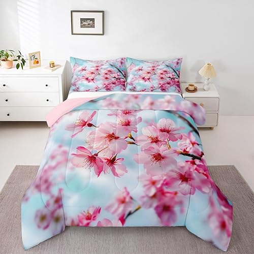 Miniatura 2 de Erosebridal Juego de edredón de flores de cerezo tamaño matrimonial, juegos de edredón floral de estilo japonés, juego de ropa de cama con patrón de
