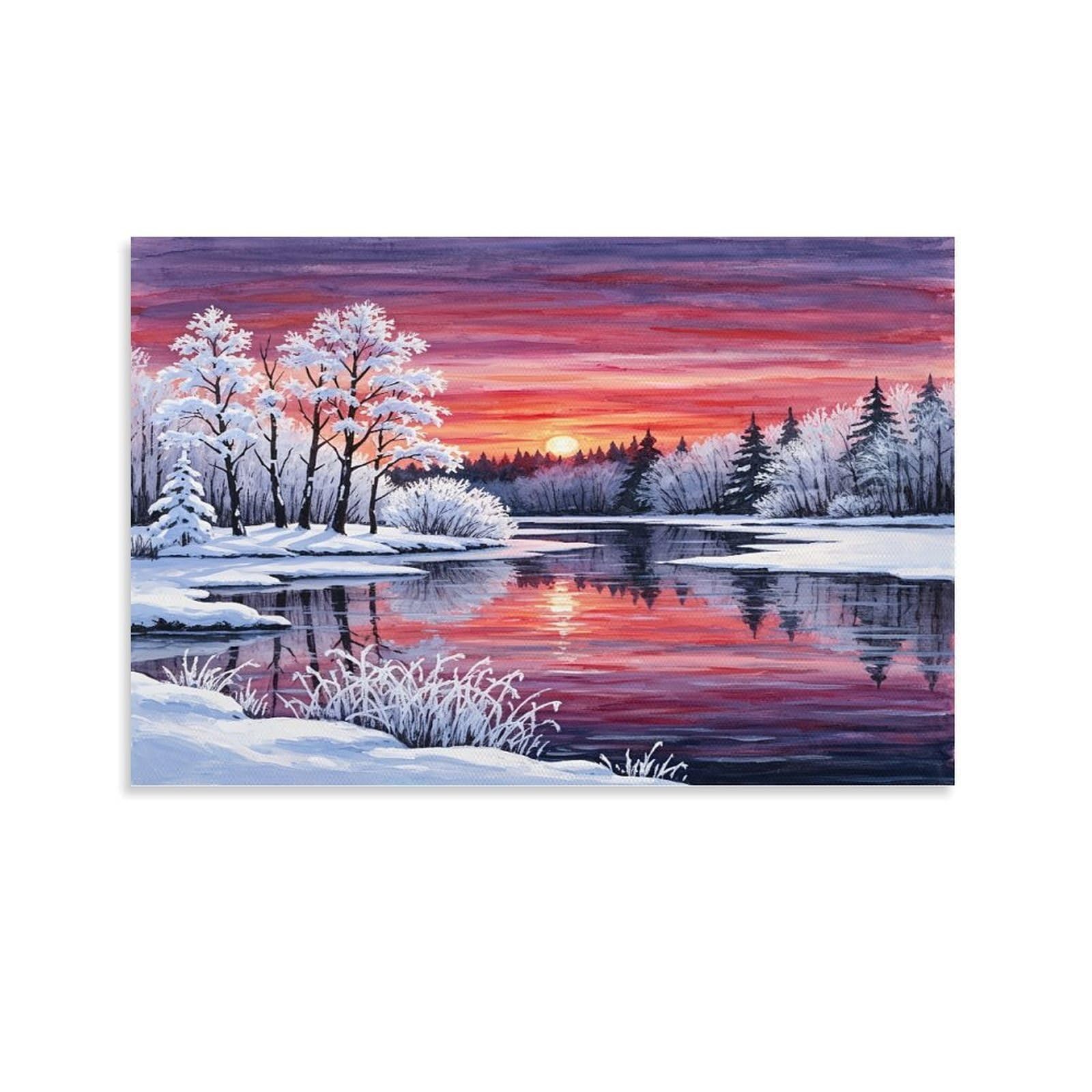 CPLVKWRQJ Winter Sunset Landscape Single Sunset over Frozen Lake Scene Canvas Artwork - Nursery Canvas Wall Hanging Space Saving Ready to Hang Decor 20x30inch(50x75cm)