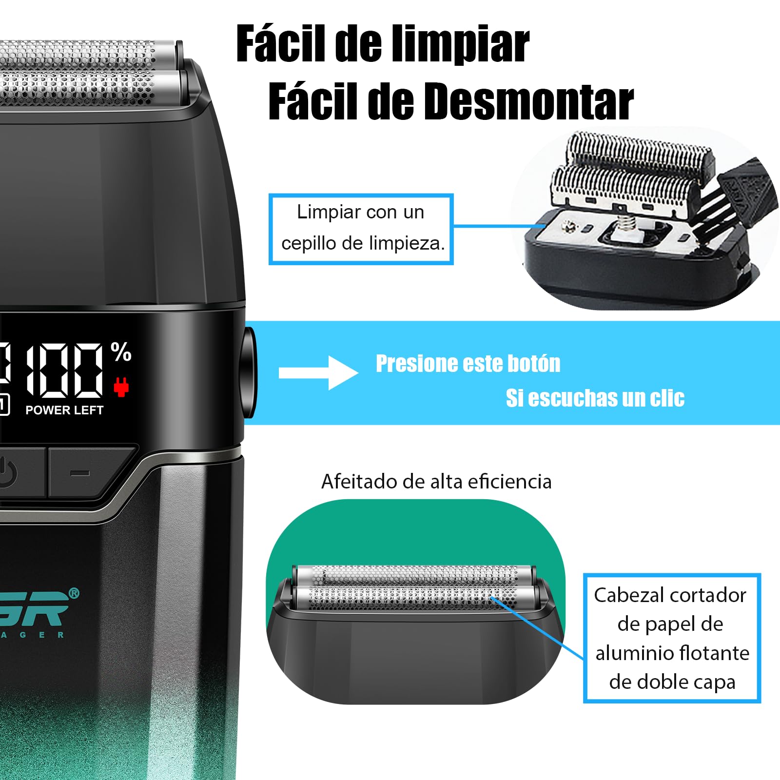 VGR 308 Afeitadora Electrica Hombre InaláMbrica, Shaver Barberia, Verde | Doble Capa de LáMina Flotante de Titanio y Motor de 9000RPM, Maquina de Afeitar Hombre Compacta con Pantalla LED, Carga USB