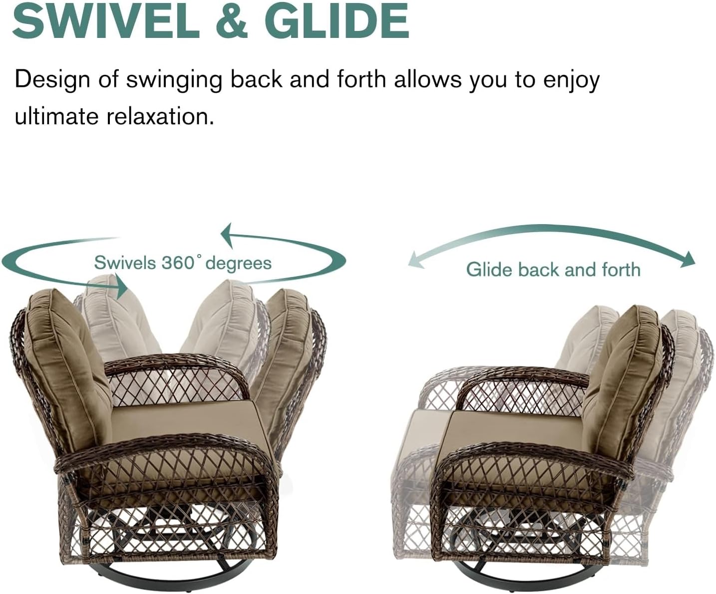 3 Pieces Patio Furniture Set Swivel Rocking Chairs Outdoor Wicker Patio Bistro Conversation Sets with Thick 4" Cushions for Backyard Porch Balcony Poolside(Khaki)