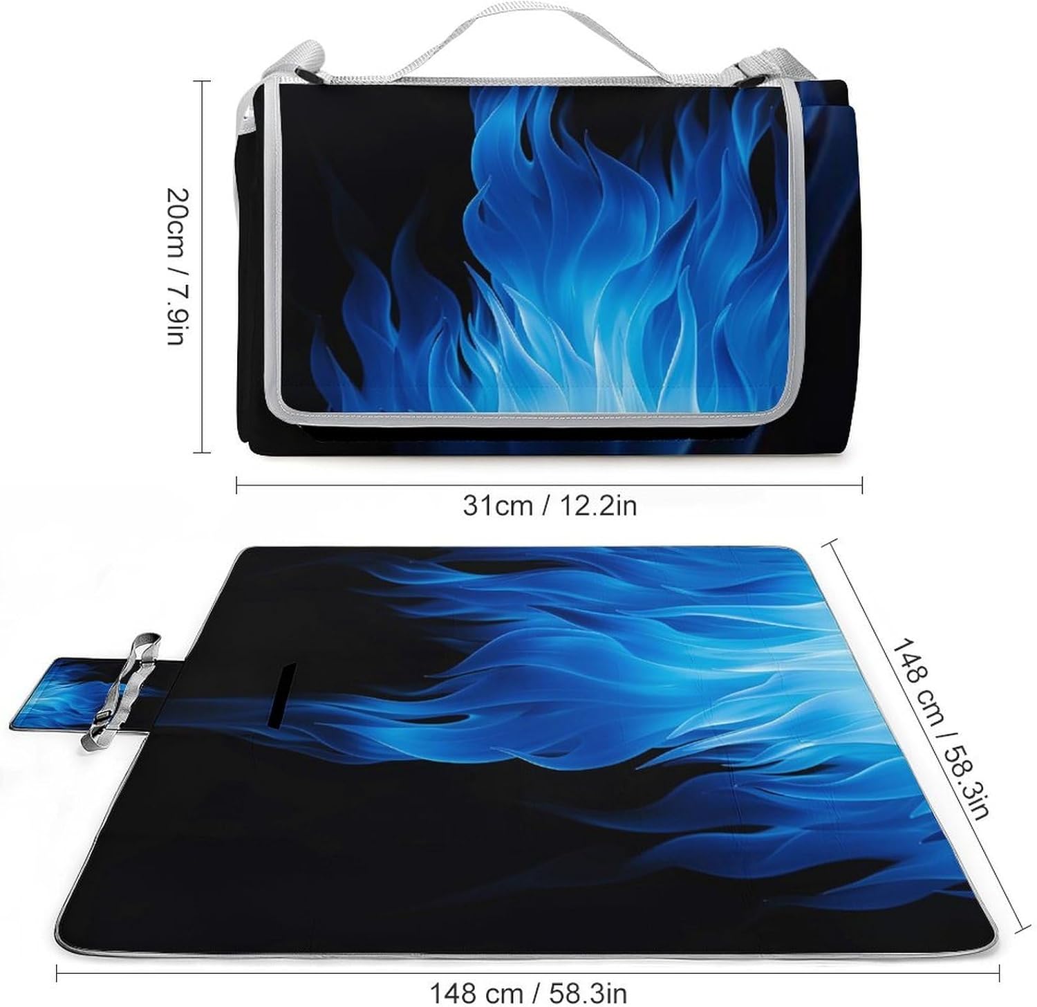 Blue Flame Beach Blanket Thickened Foldable Camping Mats Soft Lightweight Beach Pad Square Picnic Blankets with Shoulder Strap for Park Grass Patio Hiking