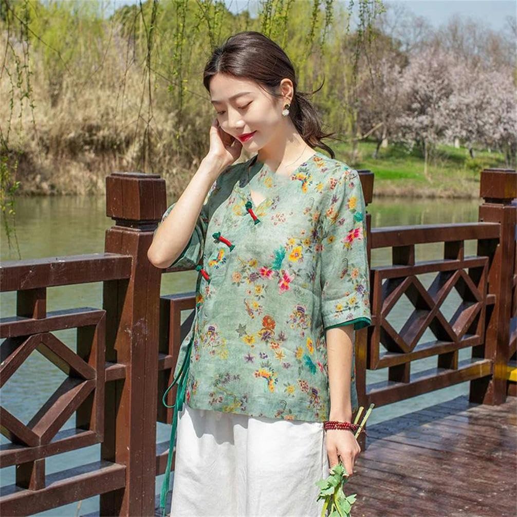 Vintage Cotton Linen Floral V-Neck Shirt Chinese Style Traditional Female Hanfu Blouse National Loose Women Tops Tang Suit