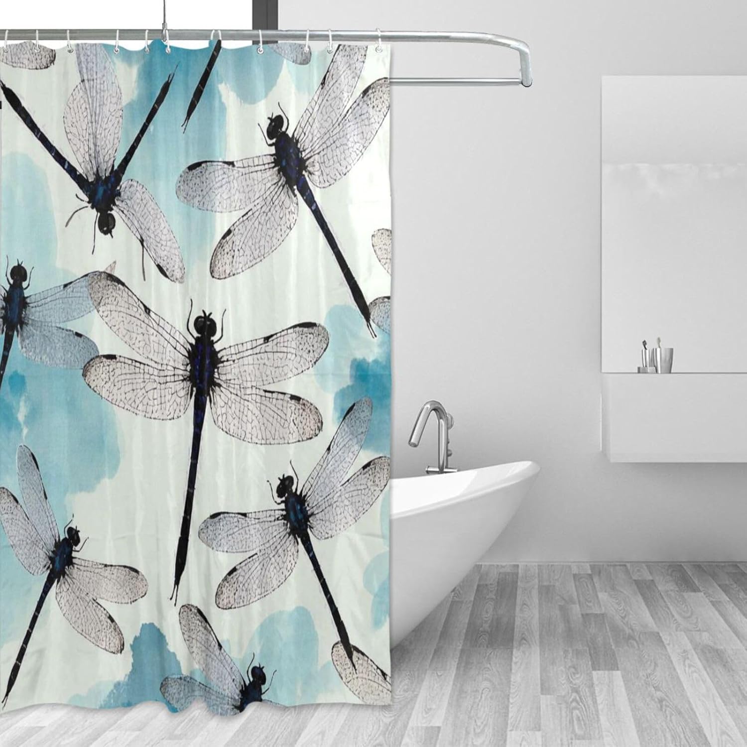 72x72 Inch Water Repellent Cloth Decor Shower Curtain with Washable Fabric Material Tub Shower Curtain Liner for The Bathroom Chinese Ink Painting Art Dragonfly