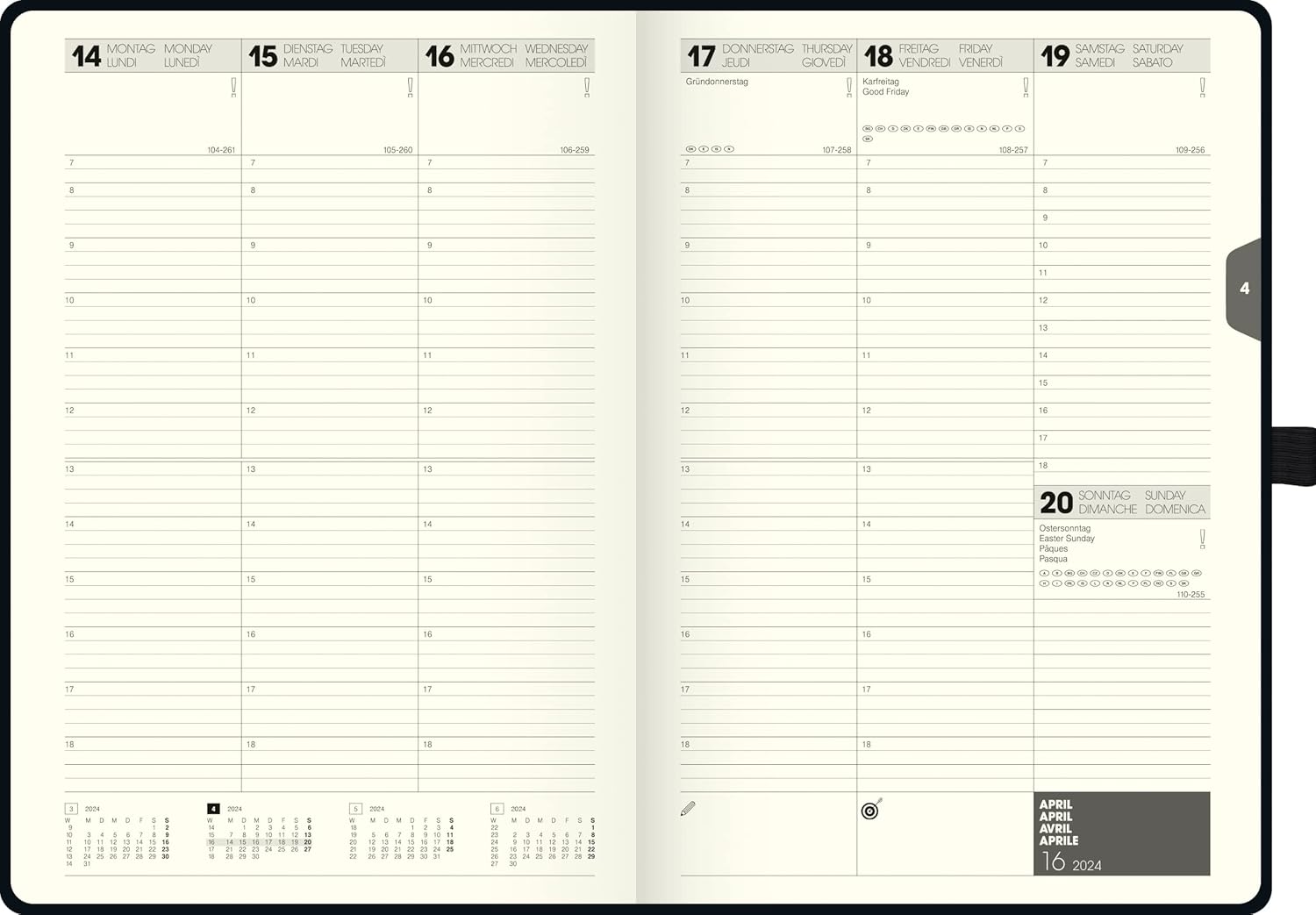 BRUNNEN Kompagnon Model 797 Weekly Calendar 2024 2 Pages = 1 Week Sheet Size 16.8 x 24 cm Black