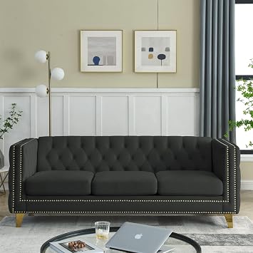 Modern Velvet Sectional Sofa with Square Arms and Metal Legs, 3-Seater + 2-Seater Living Room Couch Set for Apartment, Farmhouse 3, Black