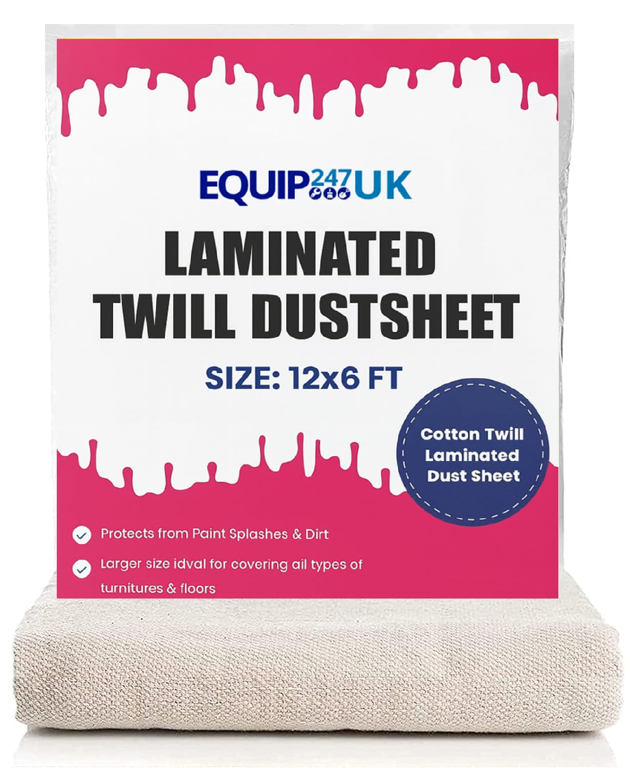 Laminated Cotton Dust Sheets for Decorating & Painting, 12ft x 6ft, Plastic Polythene Backing (3)
