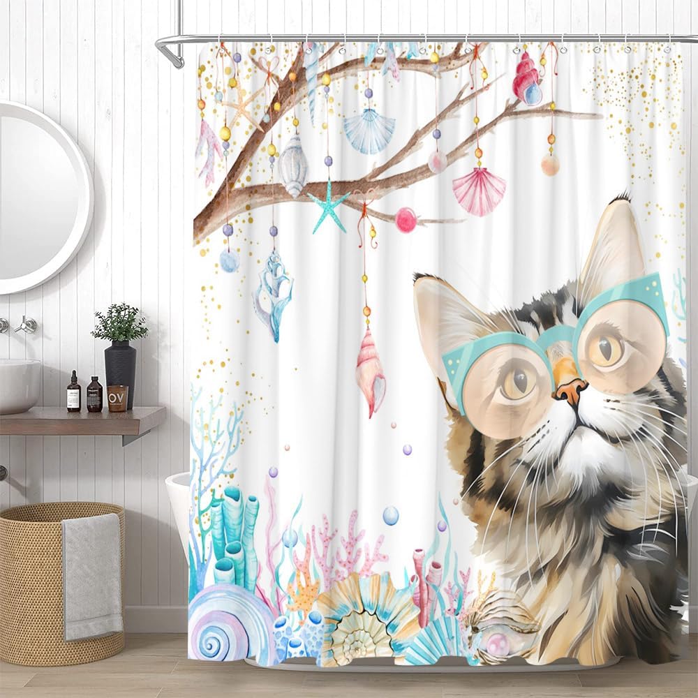 Funny Cat Shower Curtain Watercolor Kitty Ocean Beach Seashell Coral Summer Boy Girl White Bathroom Decor Curtains Set with Hooks, 86" x 70"