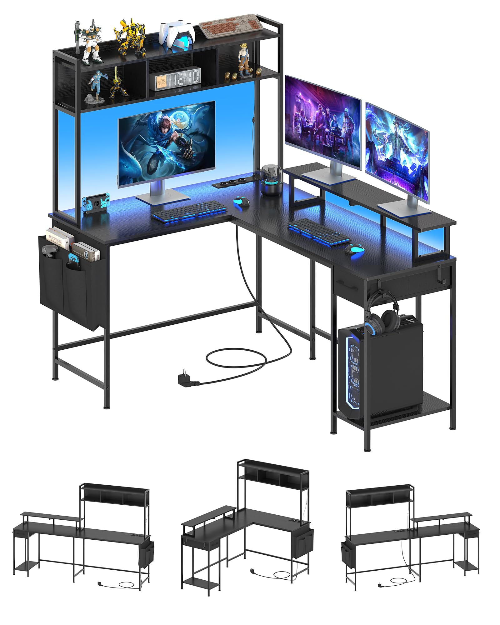 Mesa de Ordenador en Forma de L, Escritorio Esquinero con Estantería y Soporte para Monitor, Escritorio Reversible, Mesa de Juegos con 2 LED y Enchufe, Mesa de Oficina, Cajones, Casa, Oficina, Negro