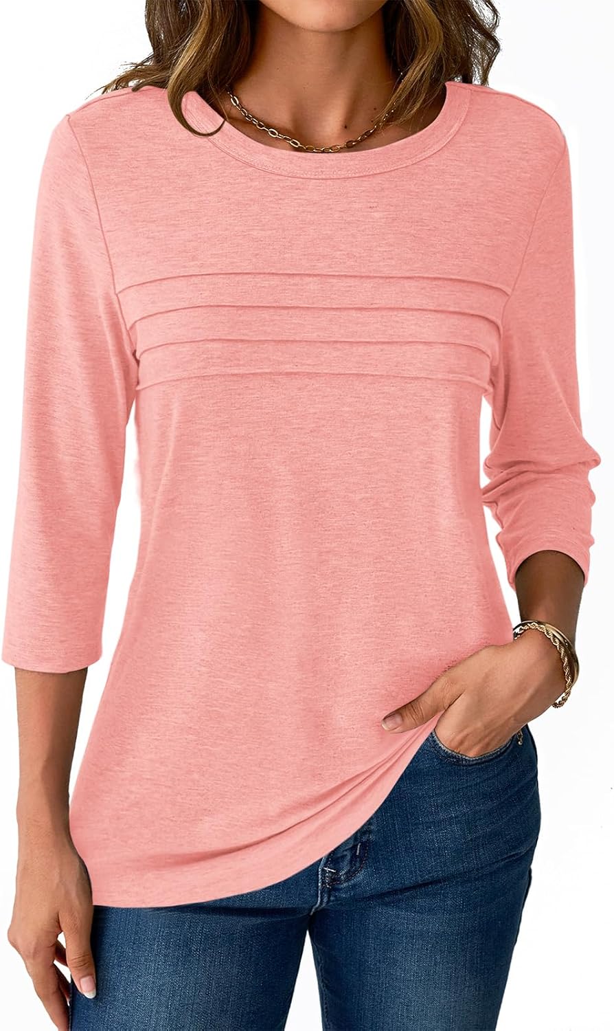 NORACORA Women's 3/4 Length Sleeve Tops Lightweight Crew Neck Dressy Pleated Tunic T Shirts Casual Summer Blouses 2025 - Image 4