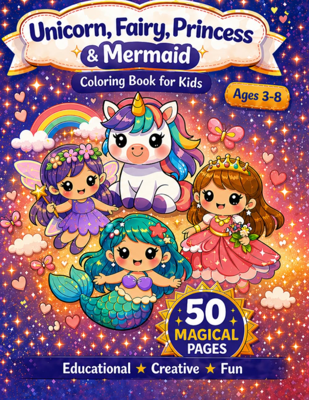 Unicorn, Fairy, Princess & Mermaid Coloring Book for Kids: 50 Magical Pages for Girls Ages 3-8 — Cute Unicorns, Fairies, Princesses and Mermaids for Toddlers, Preschoolers and Early Elementary Kids