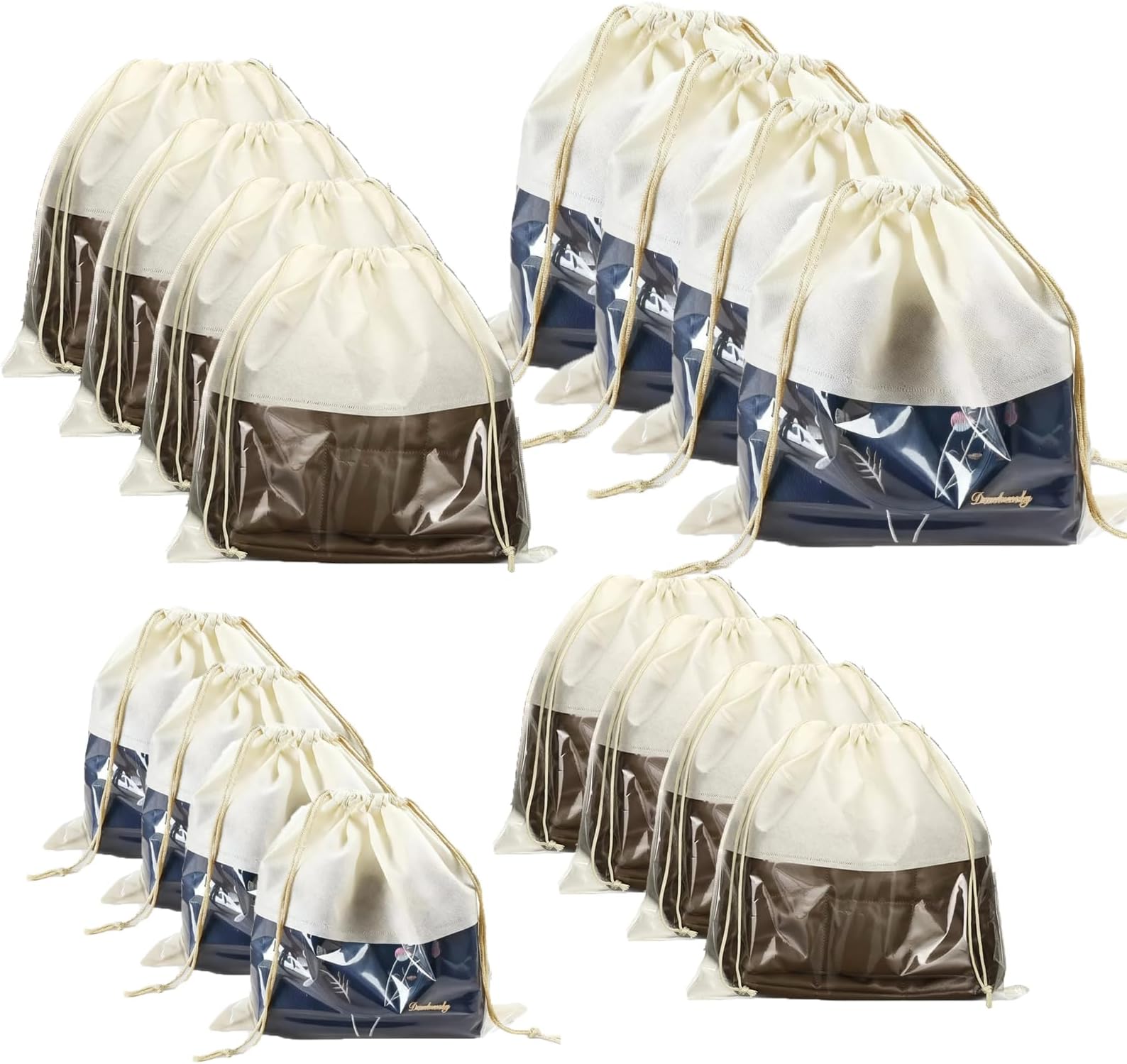 16 Pcs Beige Dustproof Drawstring Bags Purse Dust Storage Bags for Handbags Covers Non Woven Fabric Cloth Pouch String Packing Organizer Shoe Pouch(4 Sizes)