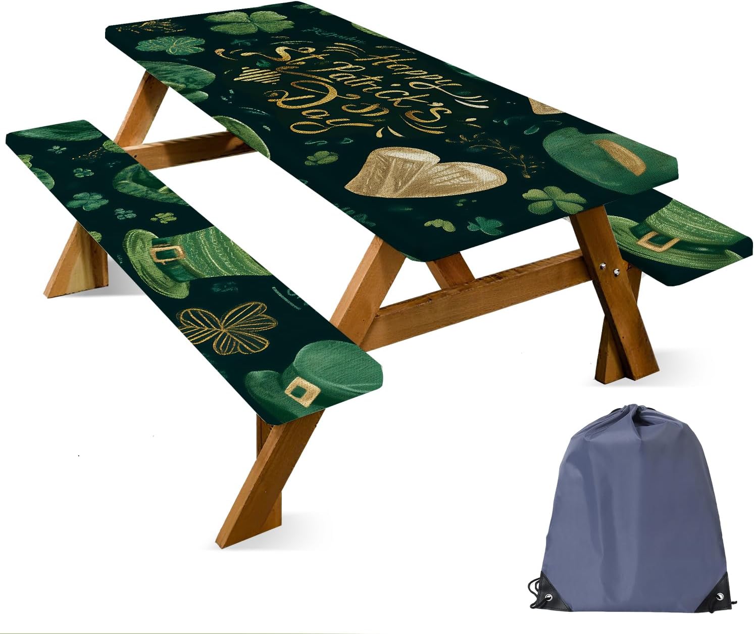 ANNA QUEEN St. Patrick’s Day 6FT Picnic Table Cover with Bench Covers Set of 3 with Drawstring Bag, Shamrock Green 72"x30" Waterproof Picnic Tablecloth & Bench Covers for Outdoor Party Decor