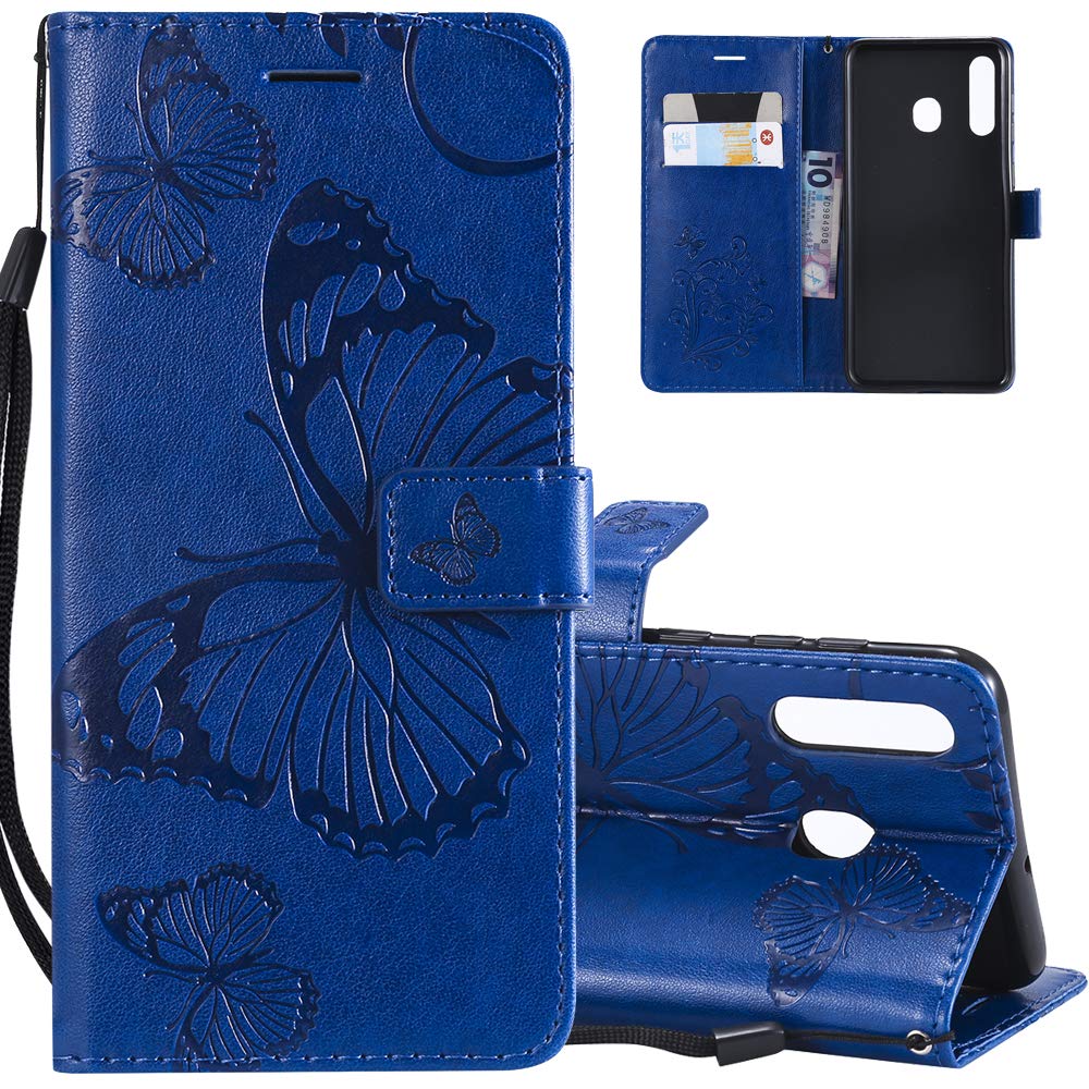 HMTECHUSCase for Galaxy A50 Elegant Embossed Butterfly Card Slots Bookstyle Wallet PU Leather Magnetic Closure Flip Kickstand Shockproof Compatible Samsung Galaxy A30 / A20 Big Butterfly Blue KT