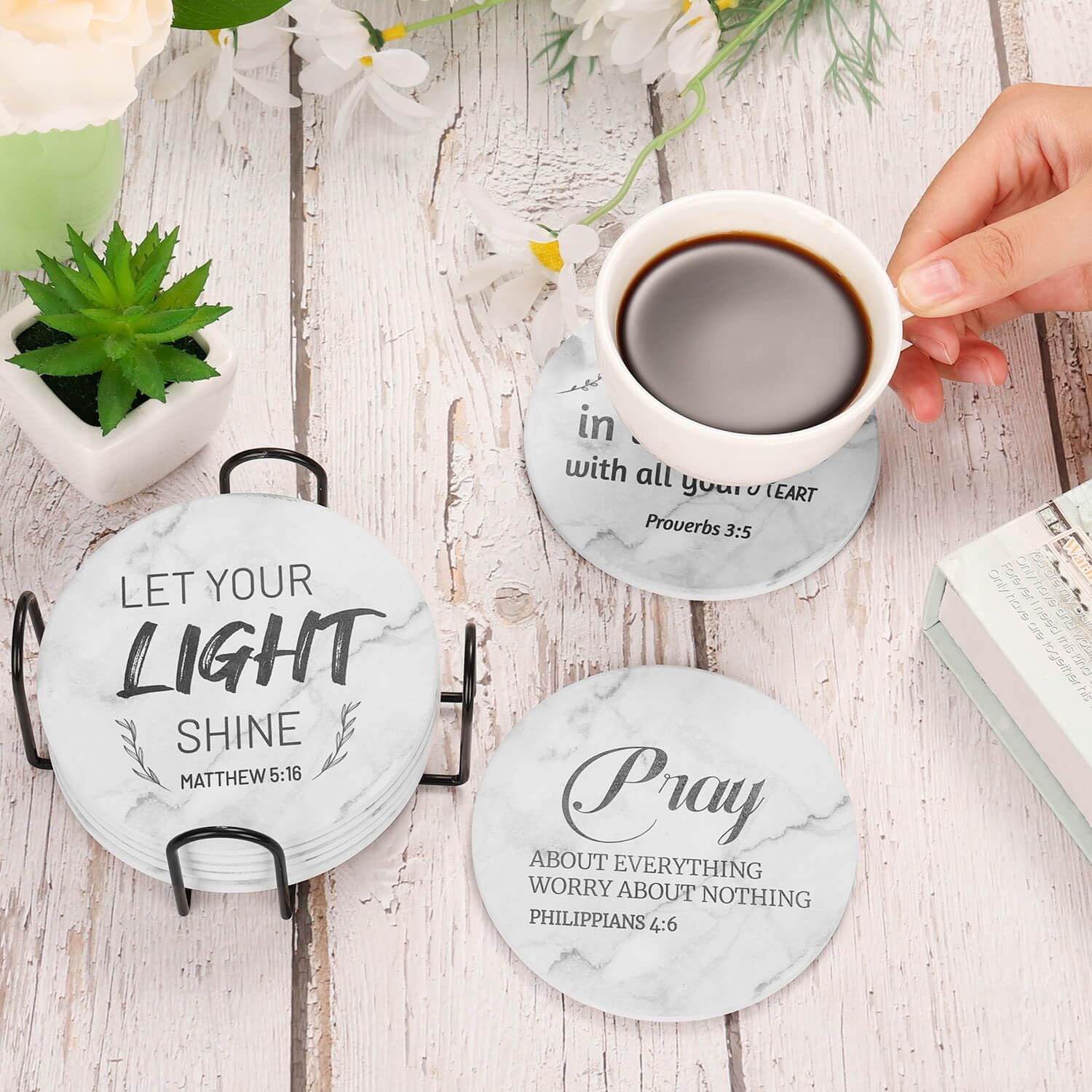 Billbotk Ceramic Coasters with Bible Verses, Coasters Set of 8 with Holder, Absorbent Drink Coasters for Home Decor and Christian Gifts, 4 Inches - Image 6