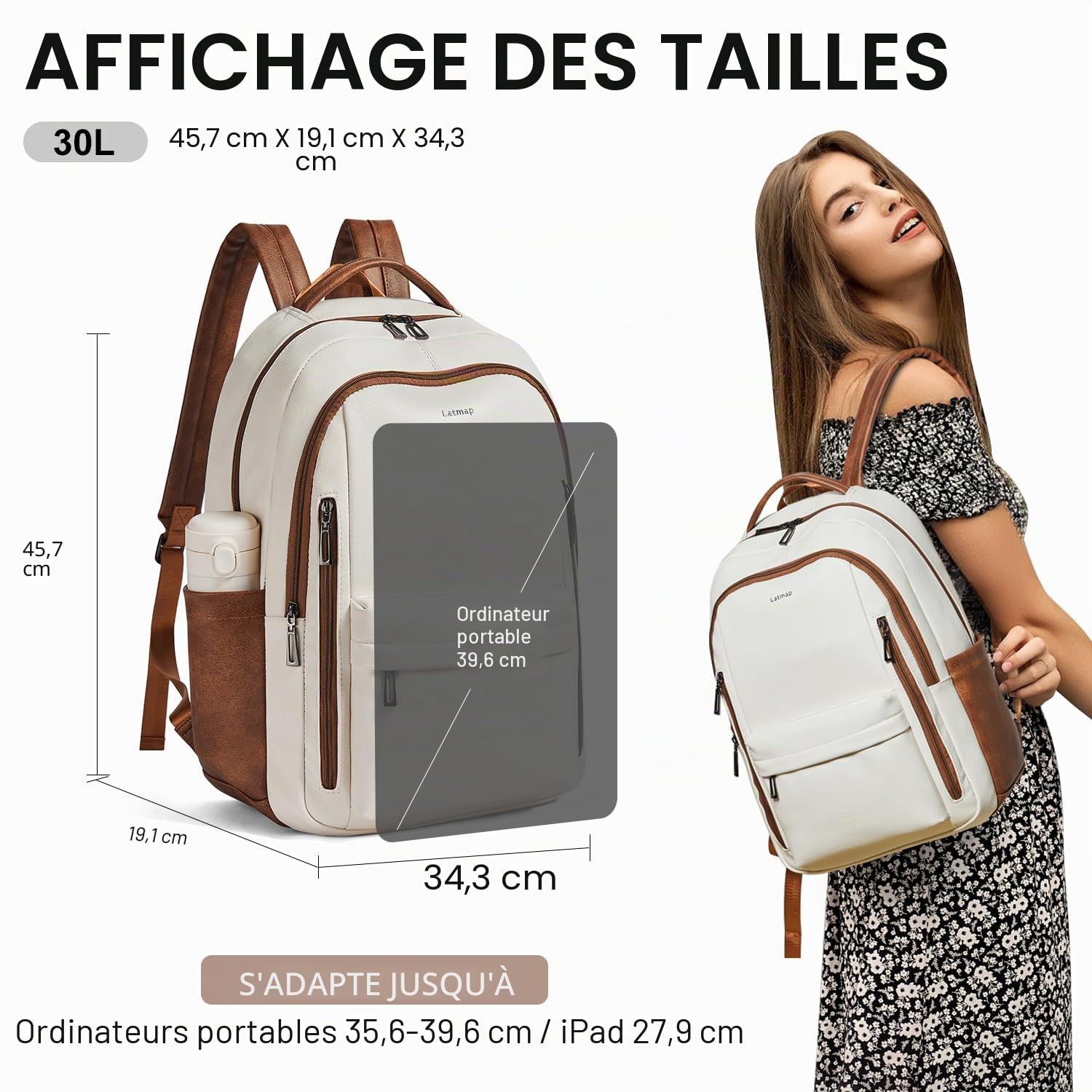LATMAP Sac à dos de 30 l pour homme et femme - Sac à dos en cuir synthétique - Sac à dos de voyage pour enseignant - Pour ordinateur portable de 15,6"