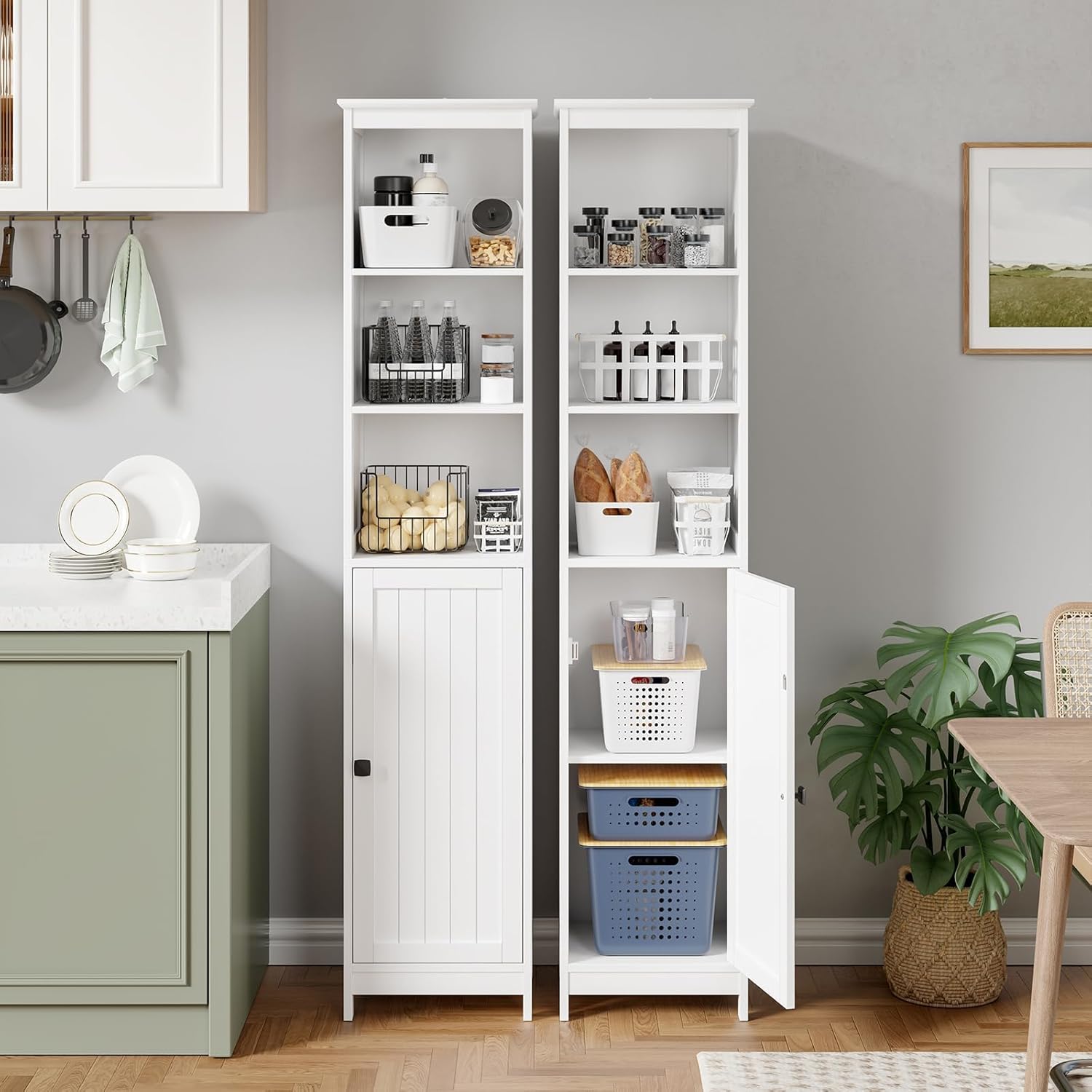 RRX Tall Bathroom Storage Cabinet,Slim Cabinet with Door &Shelf,13.8" L*12.6" W*63.4" H,Freestanding Narrow Cabinet with Anti-Tip,Storage for Kitchen,Entryway (Pure White)