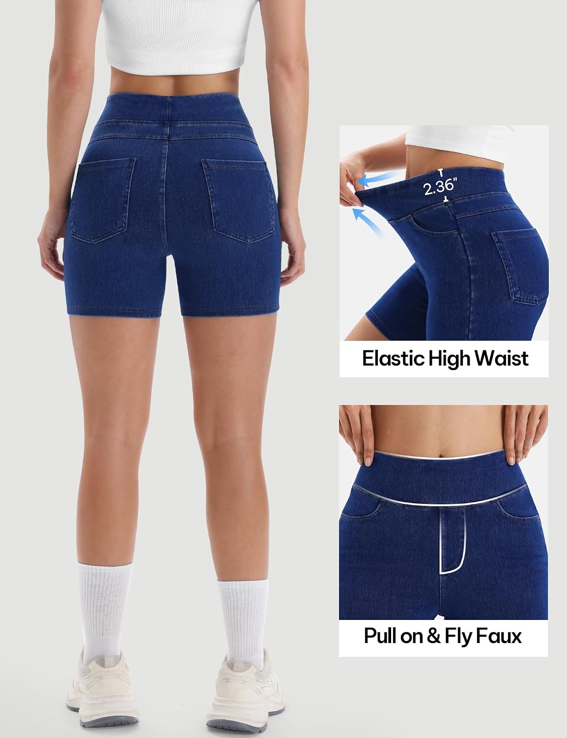 AVAMO Stretchy Jean Shorts for Women Pull On High Waisted Denim Shorts Elastic Waist Tummy Control Jorts with Pockets