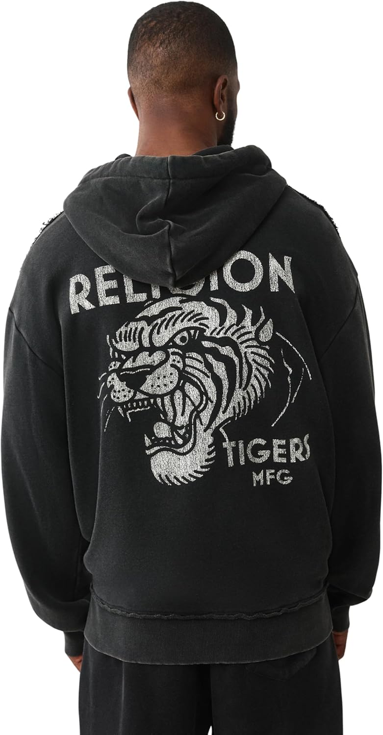 True Religion Men's Tiger Relaxed Vintage Zip Up Hoodie – Casual Full Zip Graphic Sweatshirt
