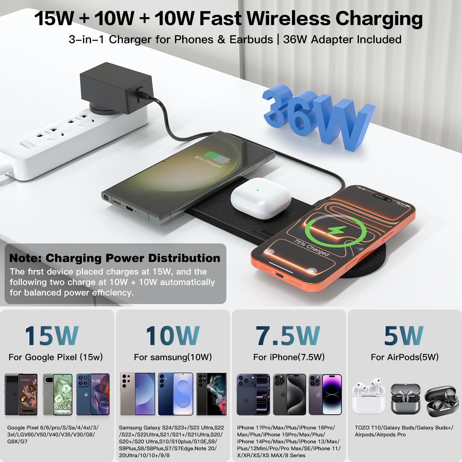 ZealSound 3-in-1 Wireless Charger Pad for Multi Devices - Ultra-Slim PU Leather Triple Wireless Charging Mat for Smartphones & Earbuds, Compatible with iPhones, AirPods, Galaxy Buds, Incl. 36W UK Plug — view 3