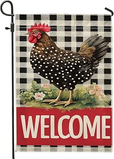 Welcome Chicken Garden Flag, Black White Buffalo Check Yard Decor, Spring Summer Farmhouse Outdoor Lawn Banner, Double Sided Polyester Decorative Flag 12x18 Inch