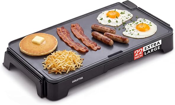 مقلاة شواء كهربائية Gourmia مقاس 22 بوصة XL - سطح سيراميك مسطح كبير جدًا غير لاصق، طباخ سطح العمل، قابل للتعديل 200F400F، صينية تنقيط قابلة للسحب، تصميم مدمج بدون مقبض