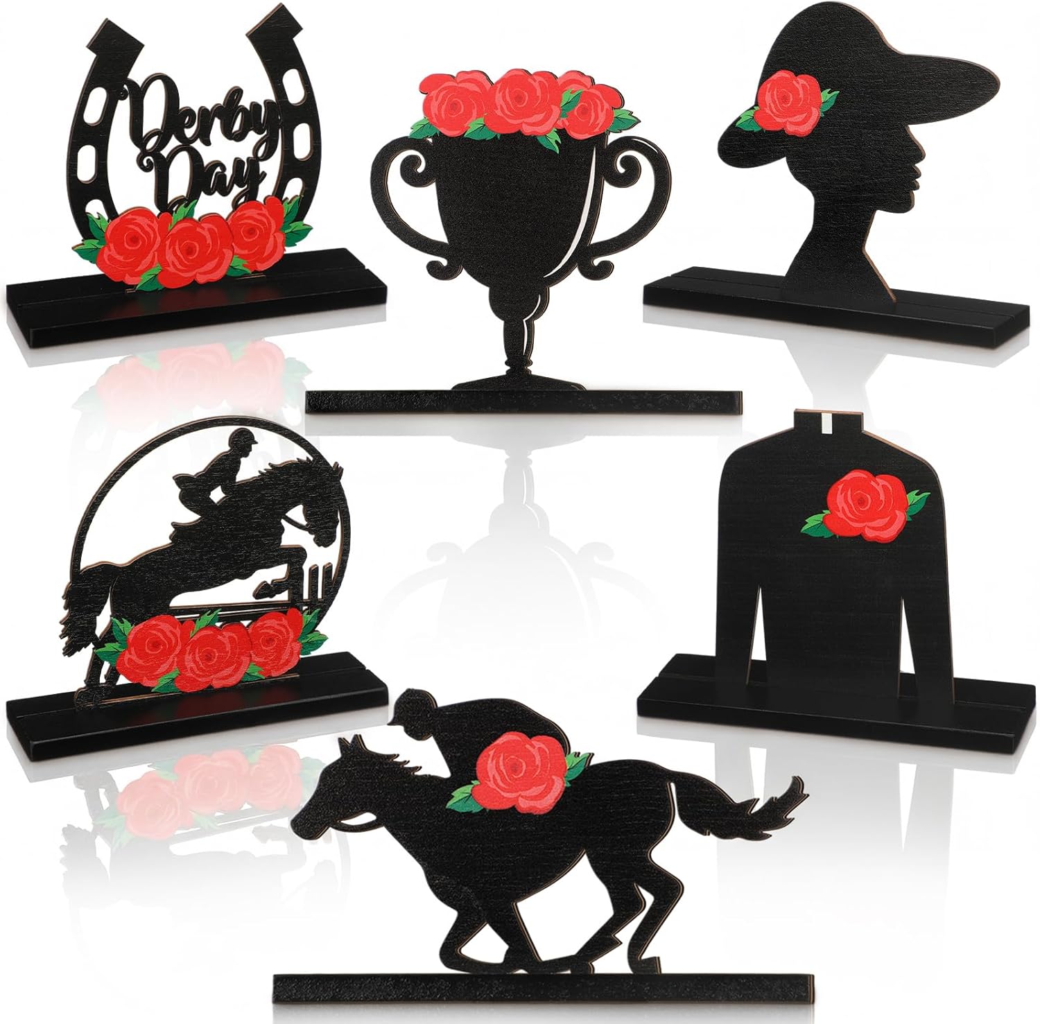 Novabright 6 Pcs Derby with Rose Table Decorations Signs Horse Racing Party Decorations Wooden Horse Racing Table Centerpieces 3D Derby Tiered Tray Decor for Home Office Decor Holiday Party Supplies