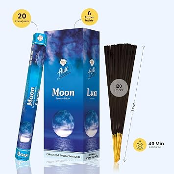 Flute Moon Premium Incense Sticks Floral Amber Incense for Relaxation, Reflection & Mindful Evenings 20 Sticks/Pack, 6 Packs/Box (9 Inch, 120 Sticks) | 40 Minutes Burn Time