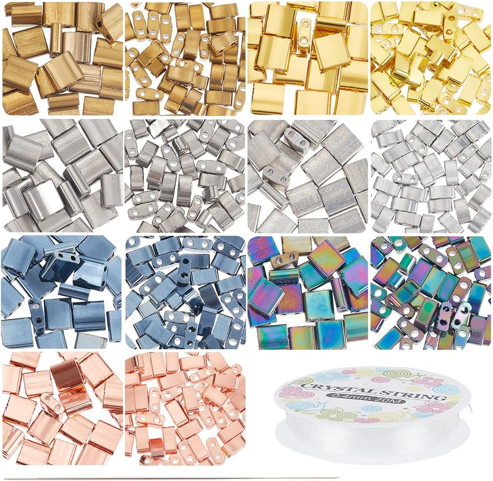 NBEADS 455 Pcs 2 Sizes 2-Hole Beads, 7 Color Rectangle Glass Seed Beads for Jewelry Making DIY Kit