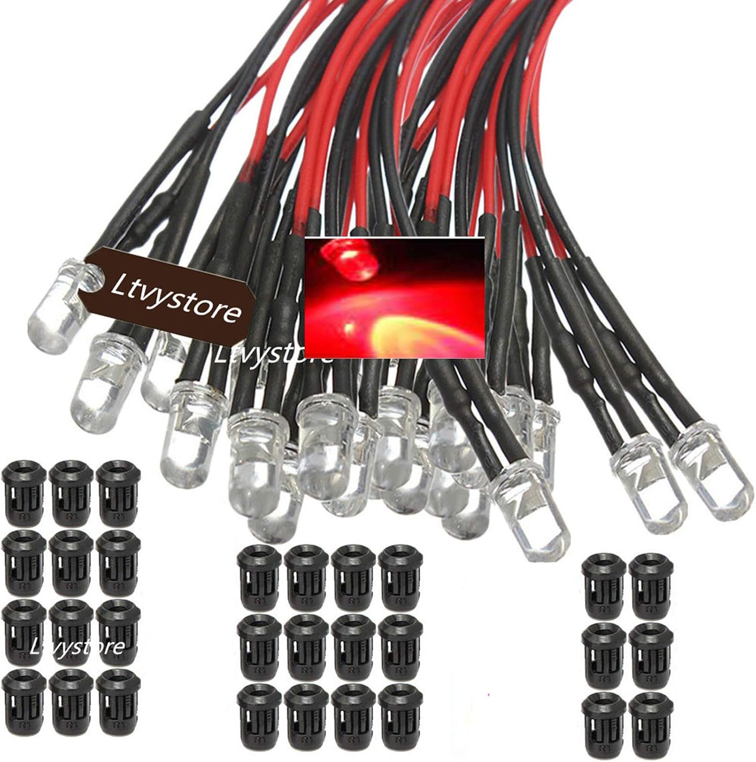 70Pcs 3MM 12V 7Colors Fast Fash LED Pre Wired Prewired 7.87" Lamp Light Bulb Prewired Emitting Diode & Black 3mm LED Clip Holder Panel Mount & 9V Battery Holder Clip Snap On Connector Cable