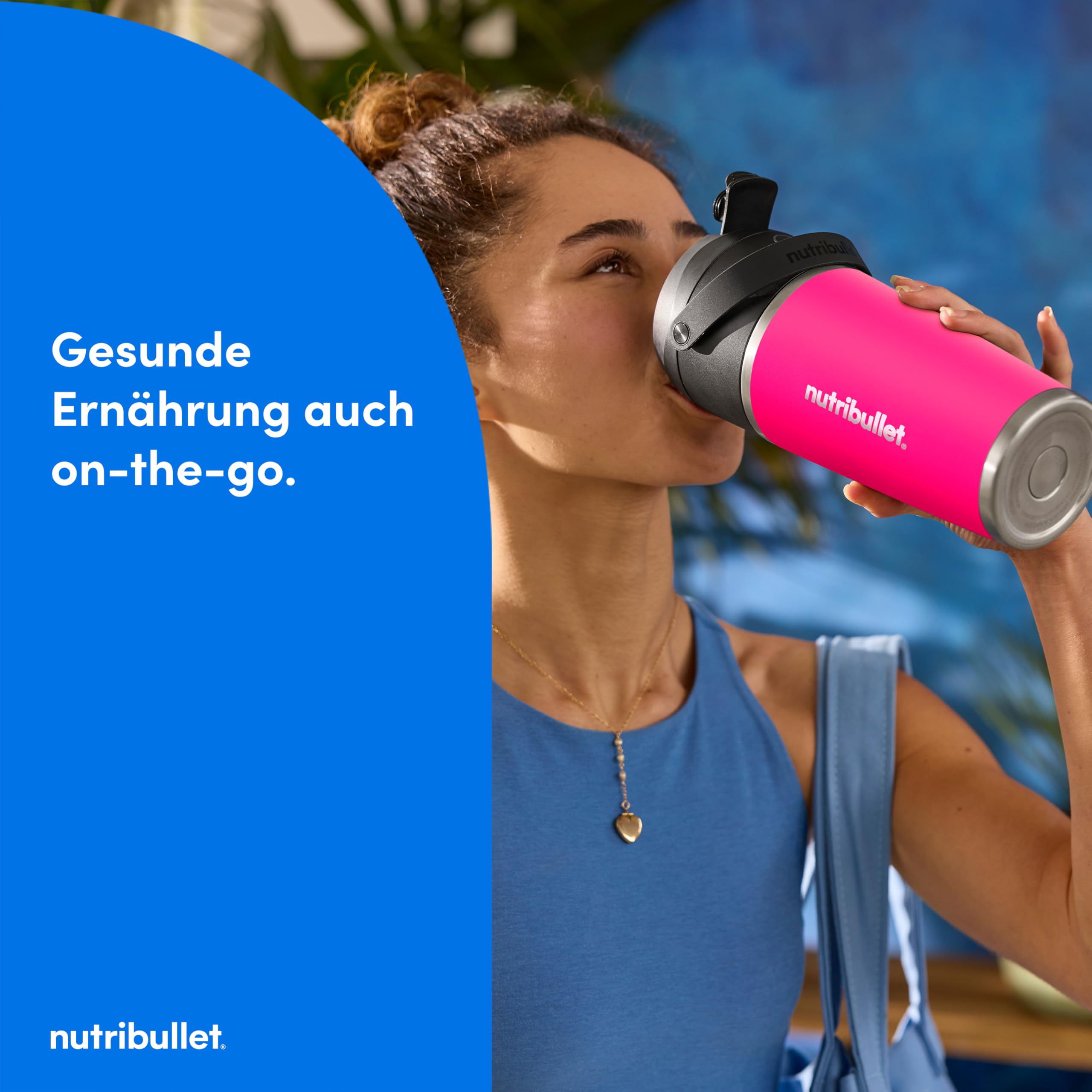 nutribullet Flip, Smoothie Mixer to go, 590 ml isolierter Edelstahl Thermobecher, hält 24h kalt, kabellos, wiederaufladbar (USB-C) für 14+ Mixvorgänge, Eiscrusher, Pink, NBP016MA