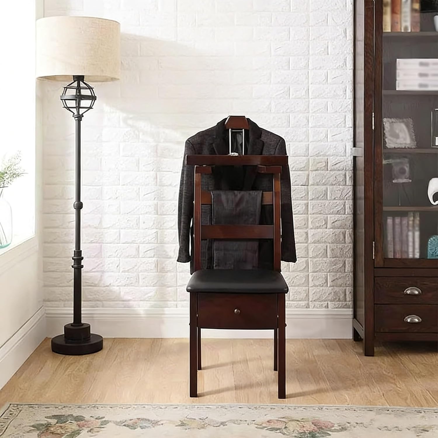 Freestanding Suit Valet Stand with Dusting Brush Clothes Rack with Drawer for Bedroom Entryway Living Room