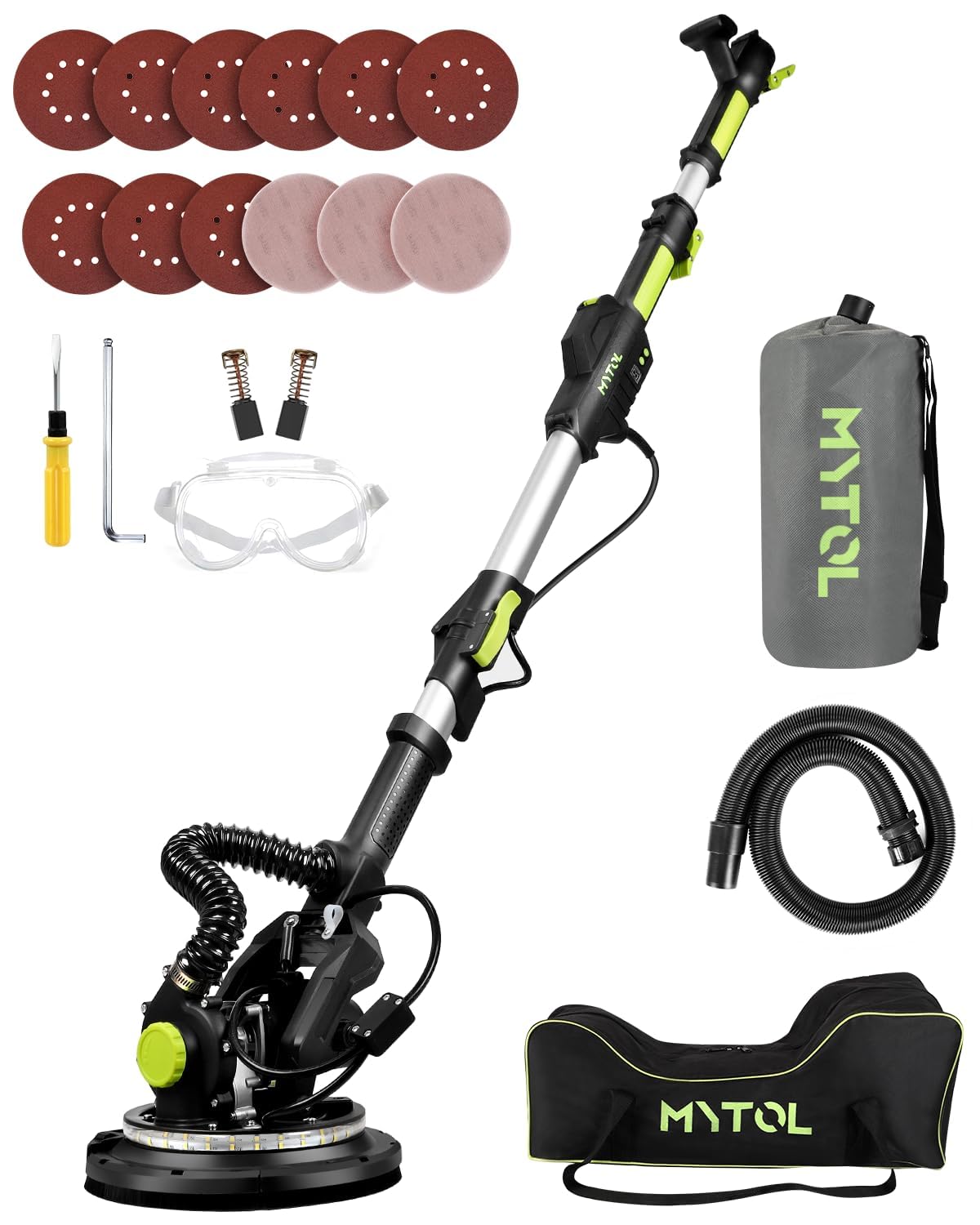 MYTOL Levigatrice per Muro con Aspiratore, 900W Elettrico Giraffa Levigatrice per cartongesso Manico Allungabile Pieghevole, 6 Velocità Variabili Massimo 1800U/min, Luce LED, 12 Carte Abrasive