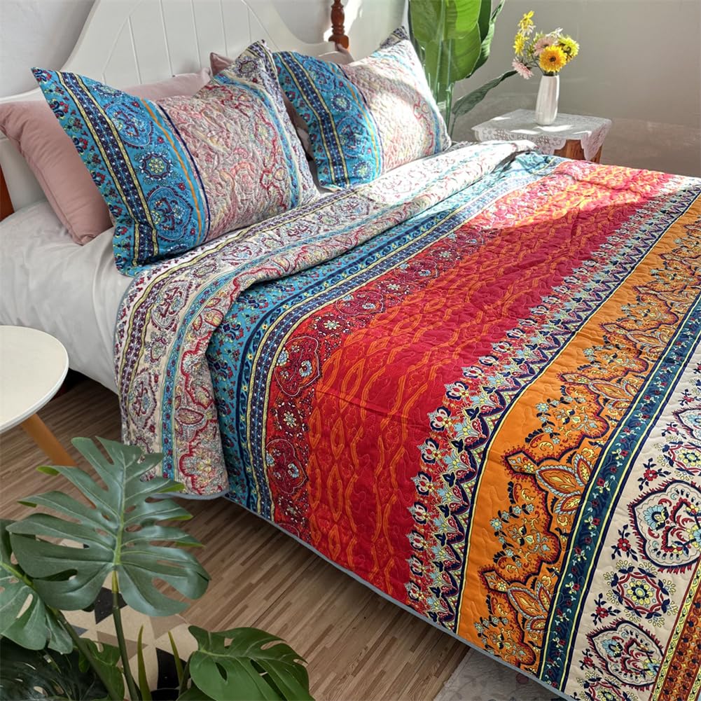 Morbuy Leggero Copriletto per Matrimoniale e Singolo, Copriletto Trapuntato in Microfibra con 2 Federe, Copriletti per Primavera, Estate, Autunno e Inverno (220x240cm,Stile Boho)