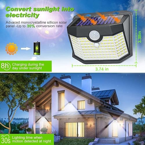 Miniatura 10 de Hmcity - Luces solares para exteriores 120 led con reflector sensor de movimiento luces de seguridad IP65 a prueba de agua con energía solar para