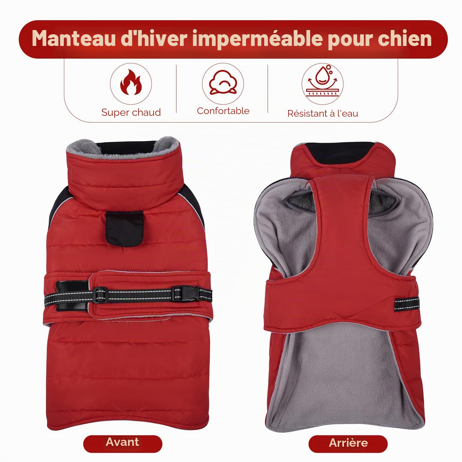 Lelepet Manteau d'hiver imperméable et chaud avec bandes réfléchissantes, doublure en polaire, ajustement réglable pour chiens de très grande taille, gilet coupe-vent pour temps froid, rouge, taille