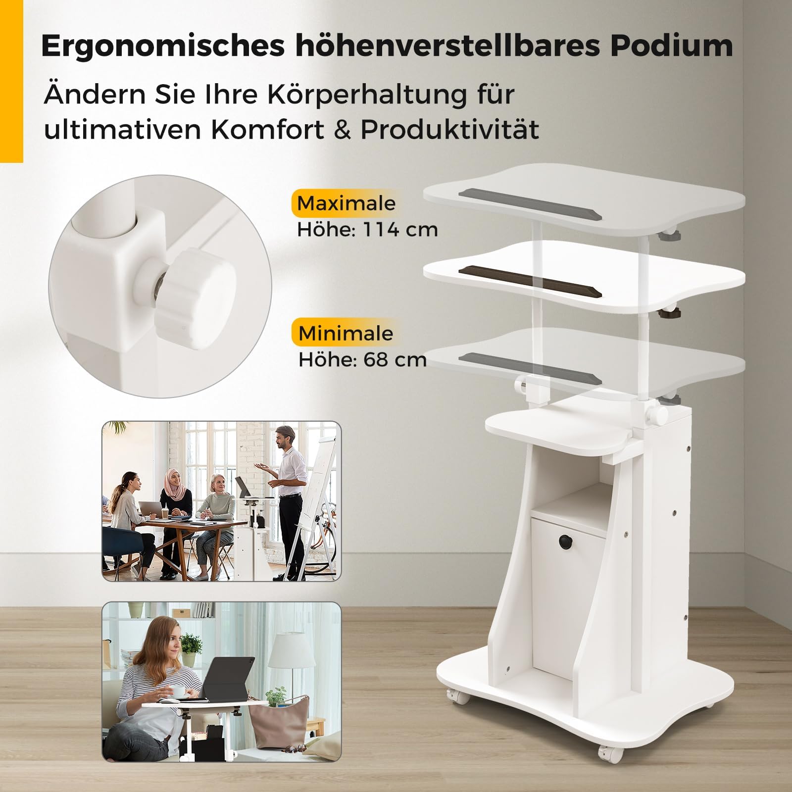 FANTASK Podium sur roulettes pour Ordinateur Portable - Pupitre Mobile réglable en Hauteur avec Plateau inclinable et Armoire pour Bureau à Domicile - Noir et Blanc