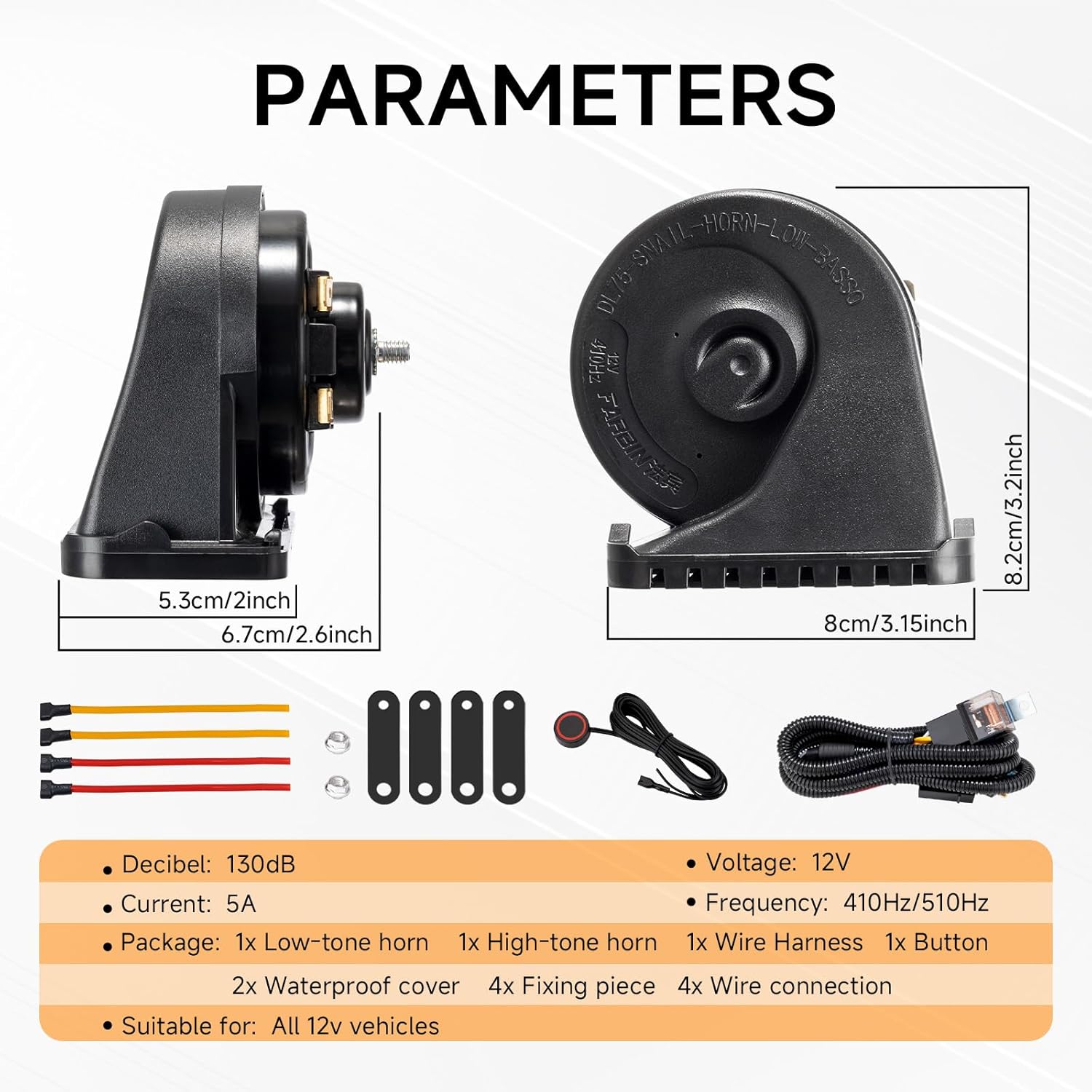 Car Horn High Low Dual Tone Universal Fit 12V 130dB Electric Snail Horns Kit Waterproof Truck Horn for all 12V vehicles, RVs, pickups and off-road cars