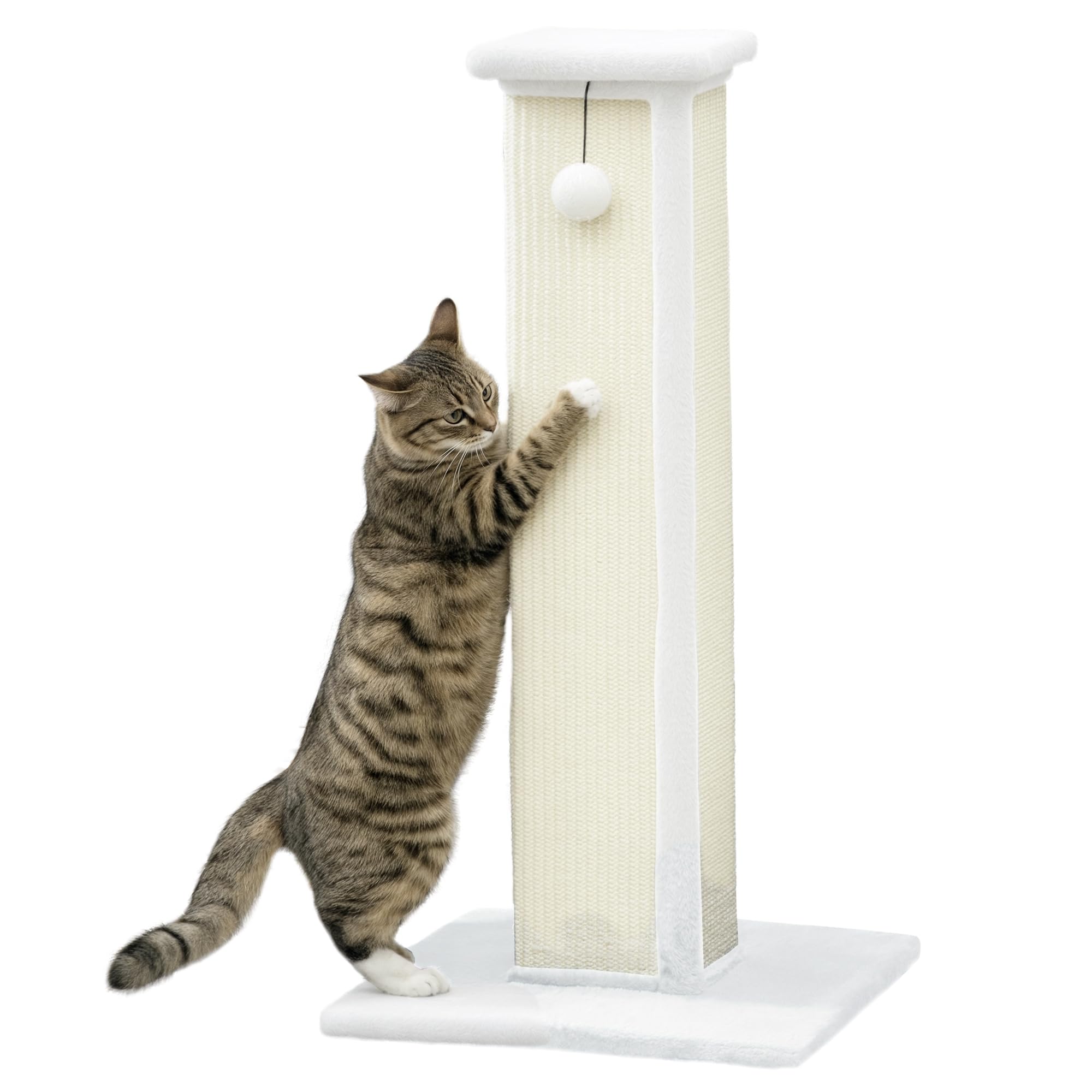 PawHut Cat Scratching Post for Indoor Cats, 81cm Cat Scratcher, Vertical Full Scratcher with Natural Sisal Rope, Hanging Ball and Soft Plush, White