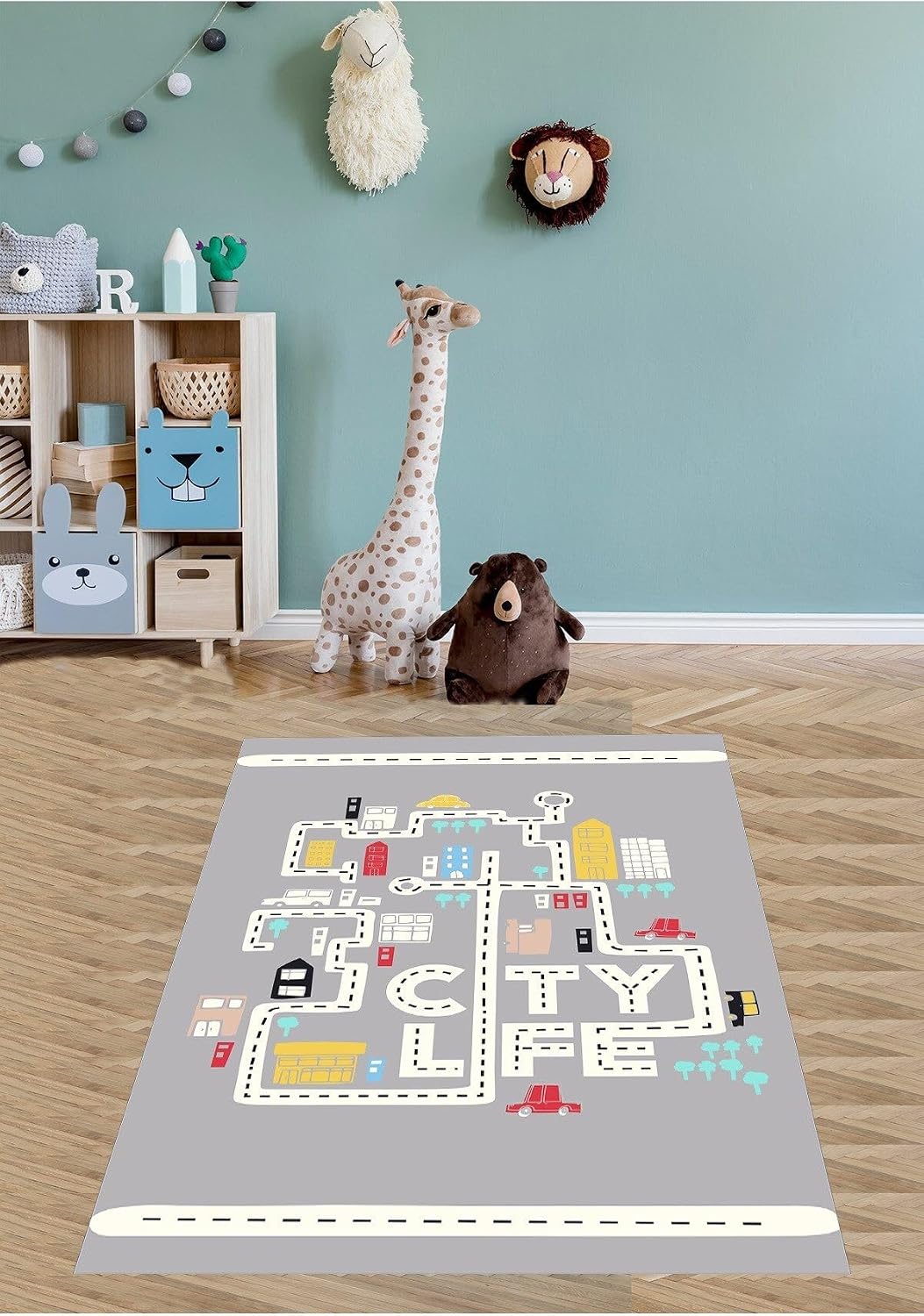 Pelangi Araba Yollu Yıkanabilir Kaymaz Taban Leke Tutmaz Çocuk Odası Halısı, Gri-Beyaz-Sarı-Mavi 120 x 200