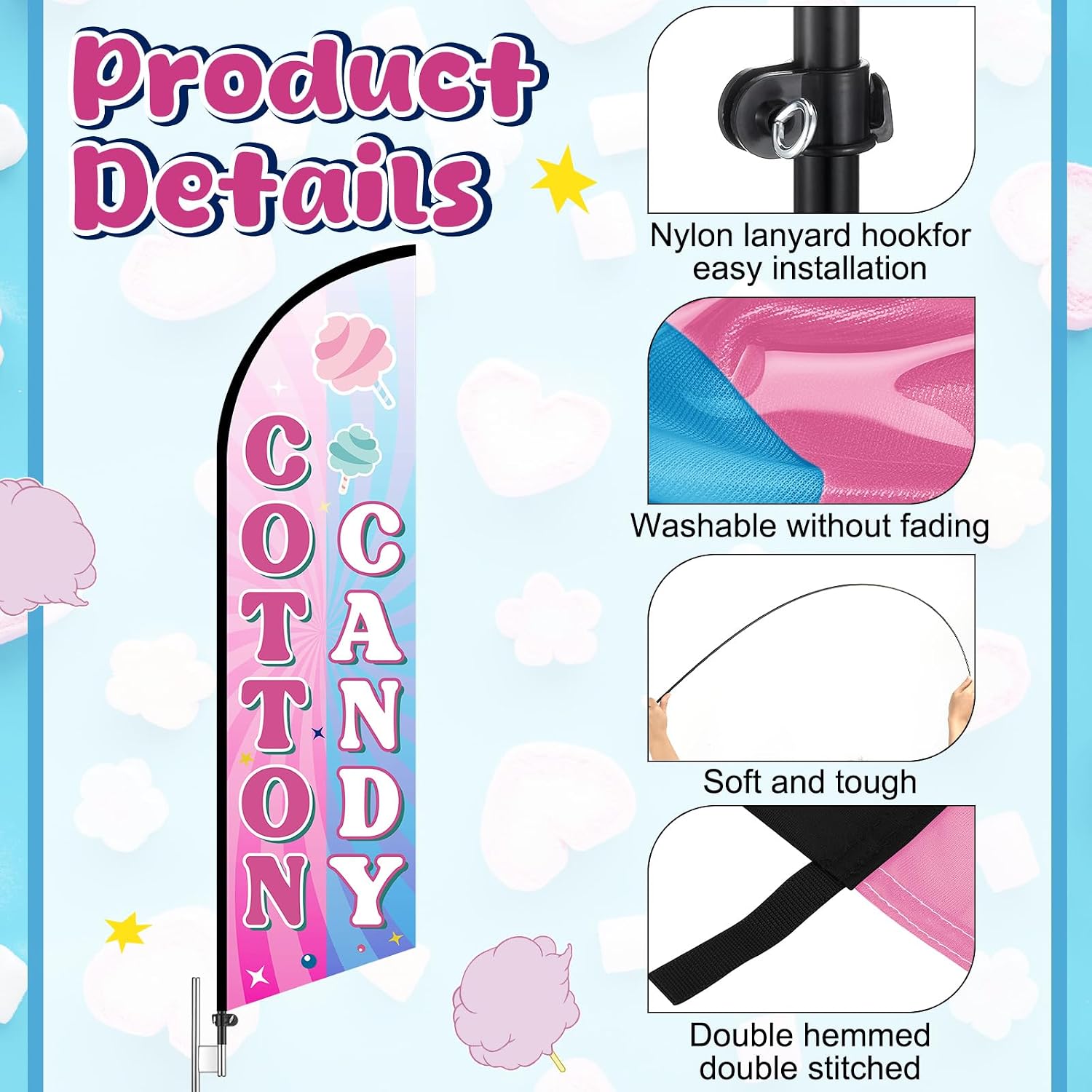 Remagr 11 ft Cotton Candy Feather Flag Swooper Flag Business Cotton Candy Signs Feather Flag Windless Banner Business Advertising Flag with Stainless Flagpole for Store Outdoor Carnivals
