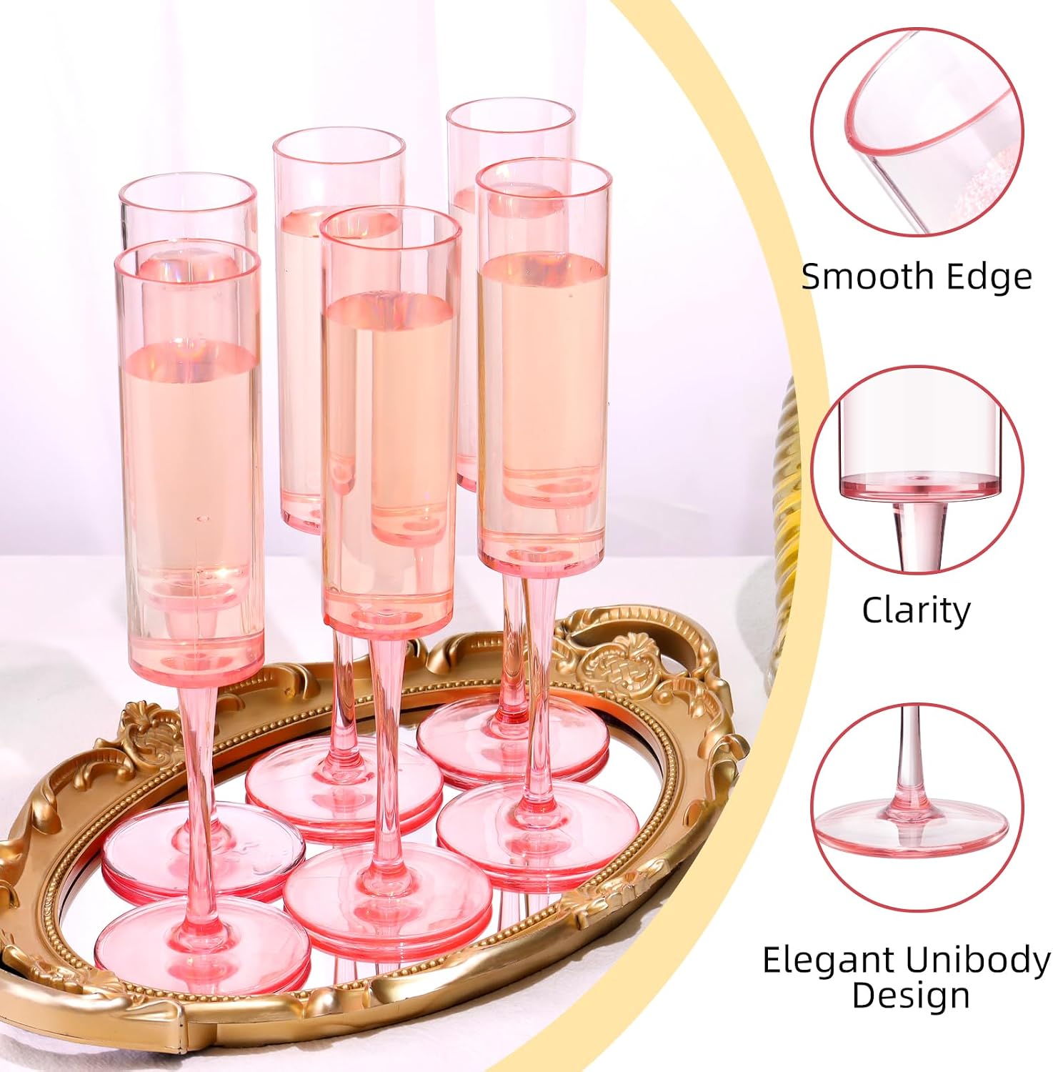 DI QIU REN 12 Pcs Pink Champagne Flutes Plastic, 6 OZ Square Pink Champagne Glasses Reusable Stemmed Wedding Champagne Flutes Unbreakable Shatterproof Wedding Toasting Flutes for Party Wedding Holiday