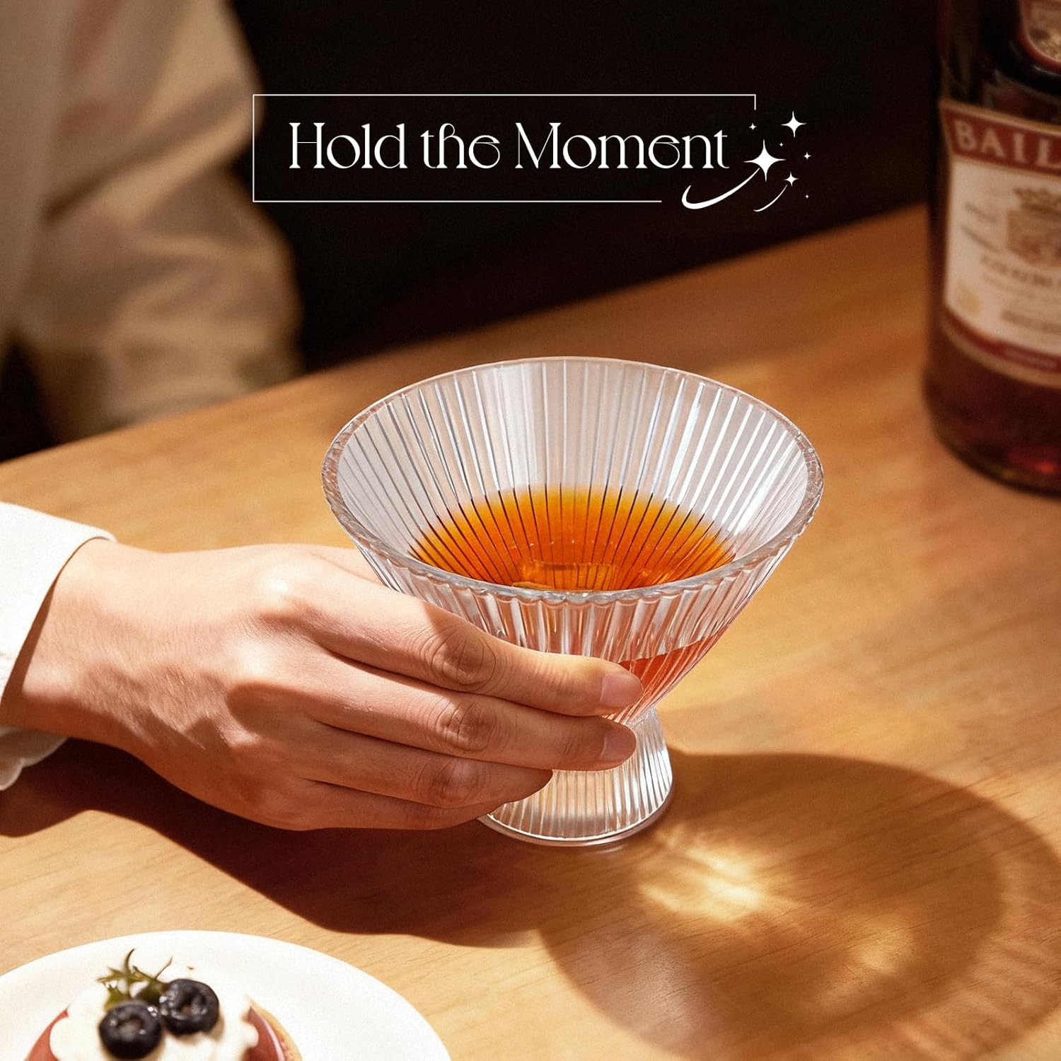 VIMERPA Martini Glasses, Ribbed Stemless Martini Glass Set of 6, 8oz Large coupe, for Champagne Espresso, Crystal Retro Style for Cocktail Bar Drinks, Vintage Art Deco Glassware