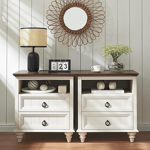 Miniatura 9 de Mesita de noche de granja con estación de carga, mesa auxiliar grande de 22 pulgadas con 2 cajones y estante abierto, mesita de noche cuadrada de