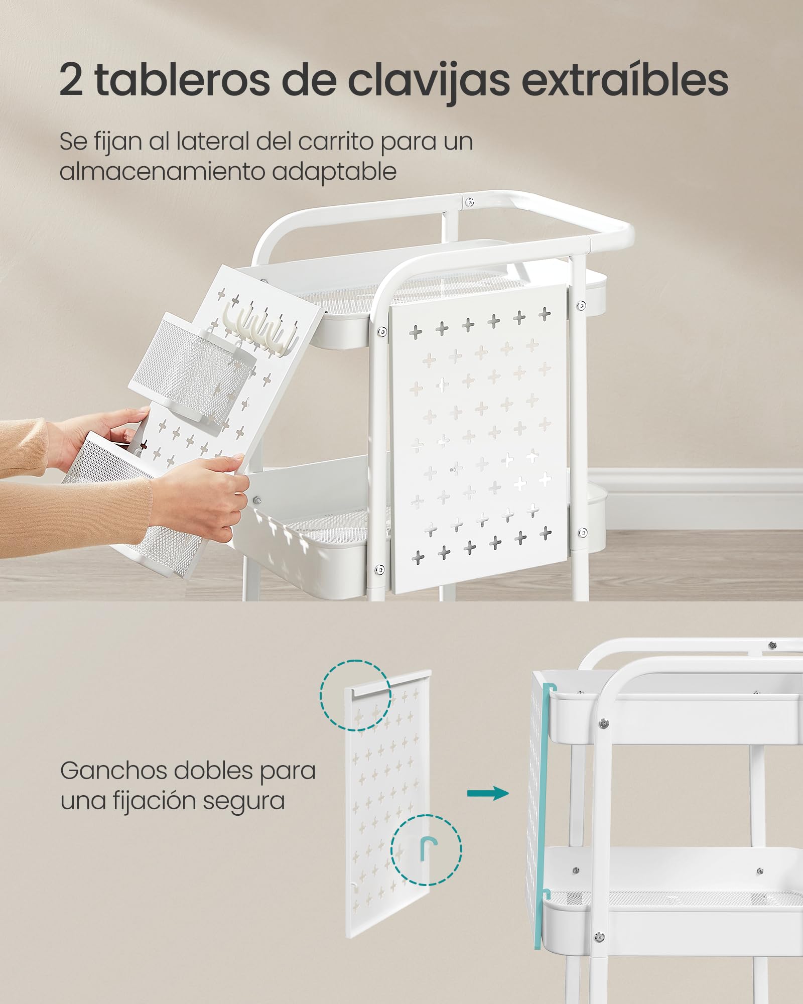SONGMICS Carrito de Almacenamiento, Carrito con Ruedas, 3 Estantes Malla Metálica, 2 Paneles Perforados Extraíbles, 2 Soportes de Colgar, 4 Ganchos, para Oficina Cocina Baño, Blanco Nube LRC037W01